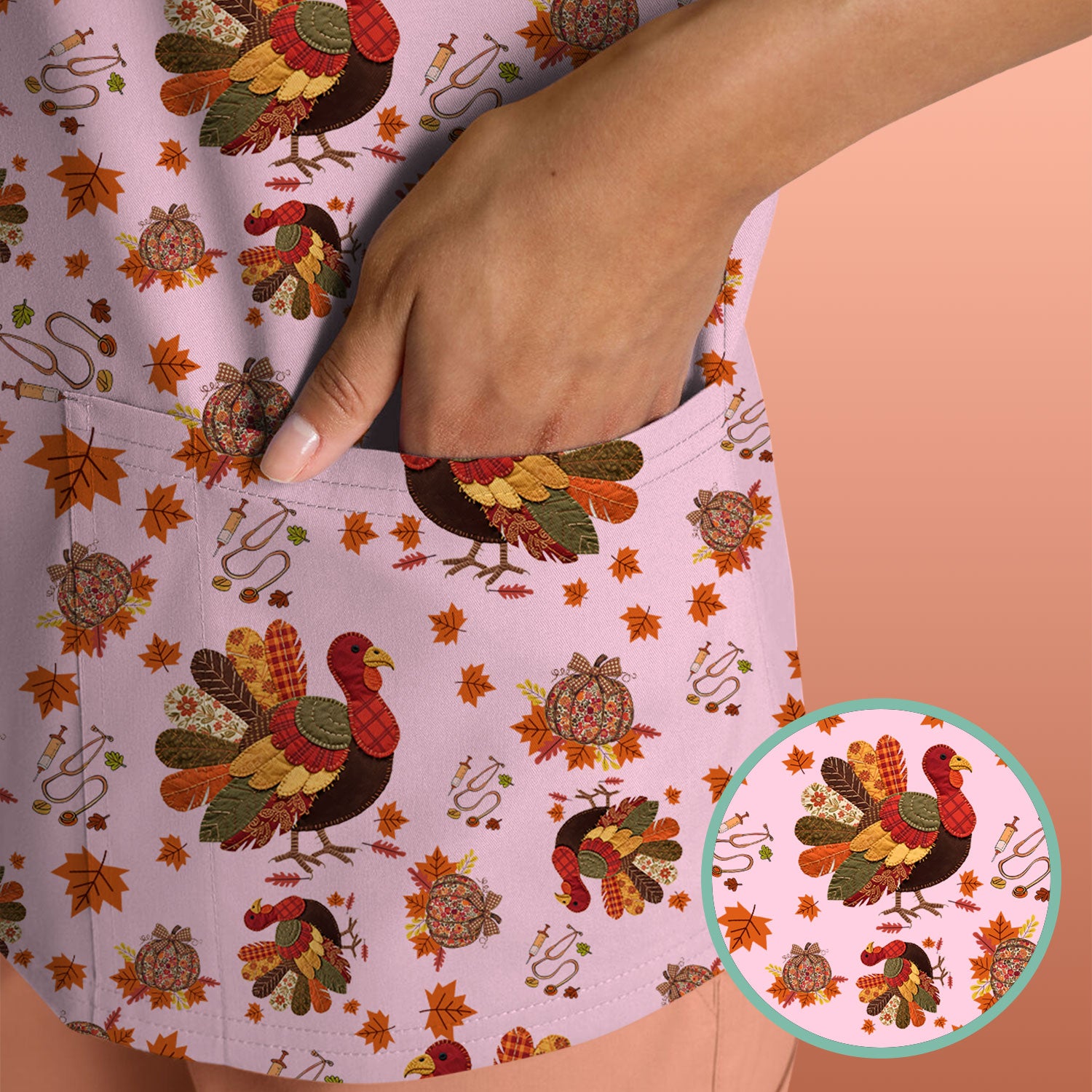 Thanksgiving Turkey Nurse Scrub Top for Women - Fall Leaves Pattern Shirts - Autumn Nursing Uniform Gift for RN LPN CNA