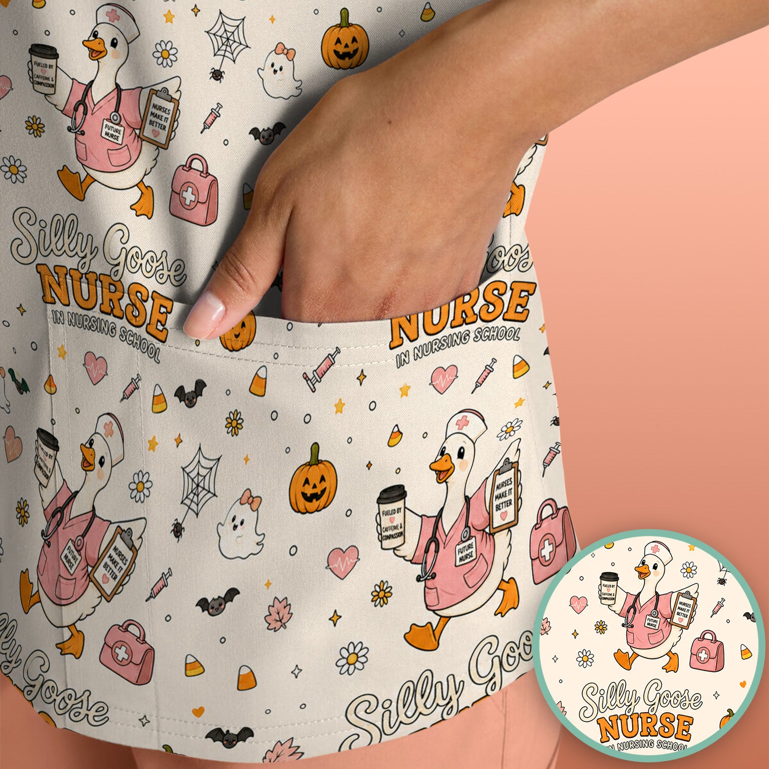 Funny Halloween Silly Goose Pattern Scrub Top, Comfortable Scrubs for Nurses