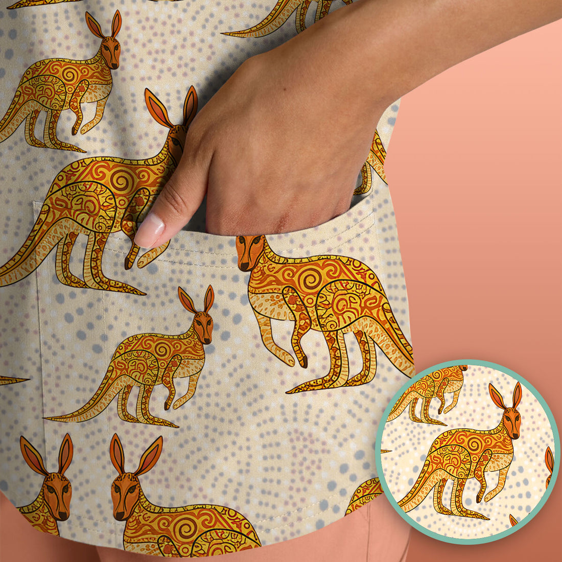Australian Kangaroo Dot Art Inspired Medical Scrub Top - Women Uniform