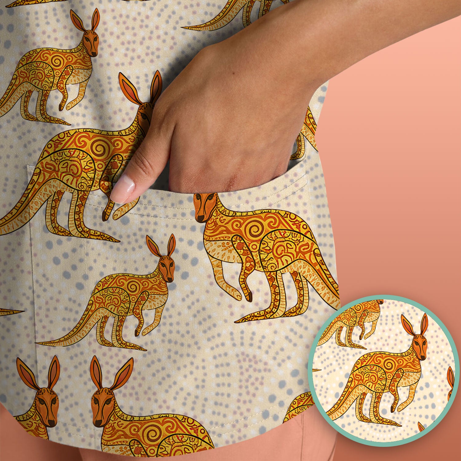 Australian Kangaroo Dot Art Inspired Medical Scrub Top - Women Uniform