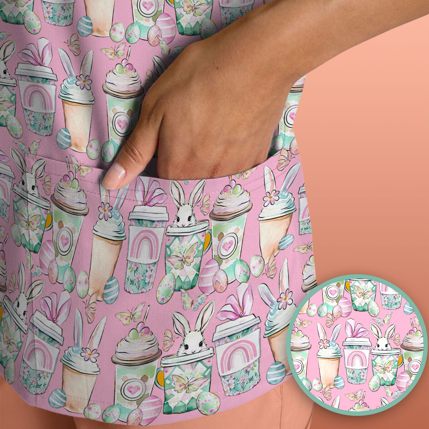 Cute Easter Bunny Coffee Cup Pattern Scrub Top, Comfortable Scrubs for Nurses
