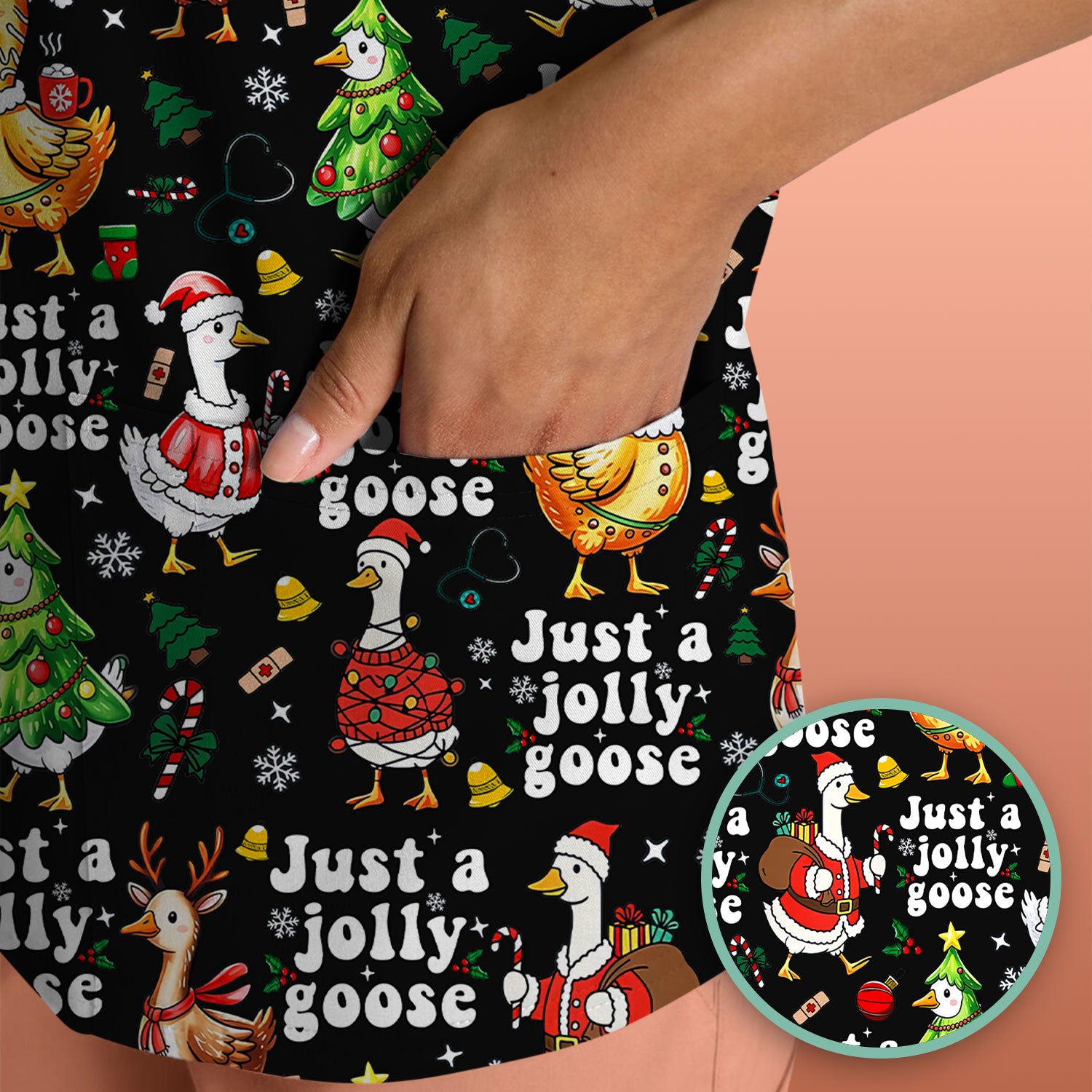Just a Jolly Goose Funny Christmas Scrub Top - Holiday Medical Uniform for Nurse - Santa Goose Shirt Gift for Women
