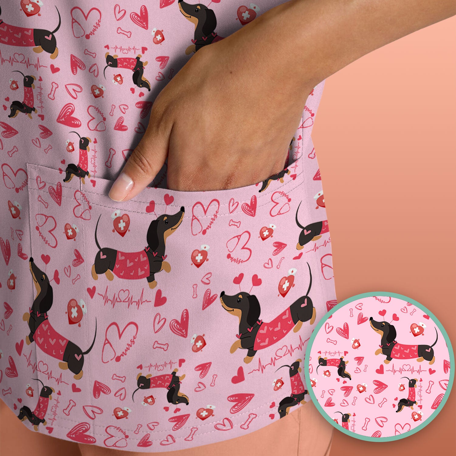 Dachshund Valentine Scrub Top, Cute Wiener Dog Heart Pattern Nurse Shirt, Breathable Fabrics Nursing Uniform