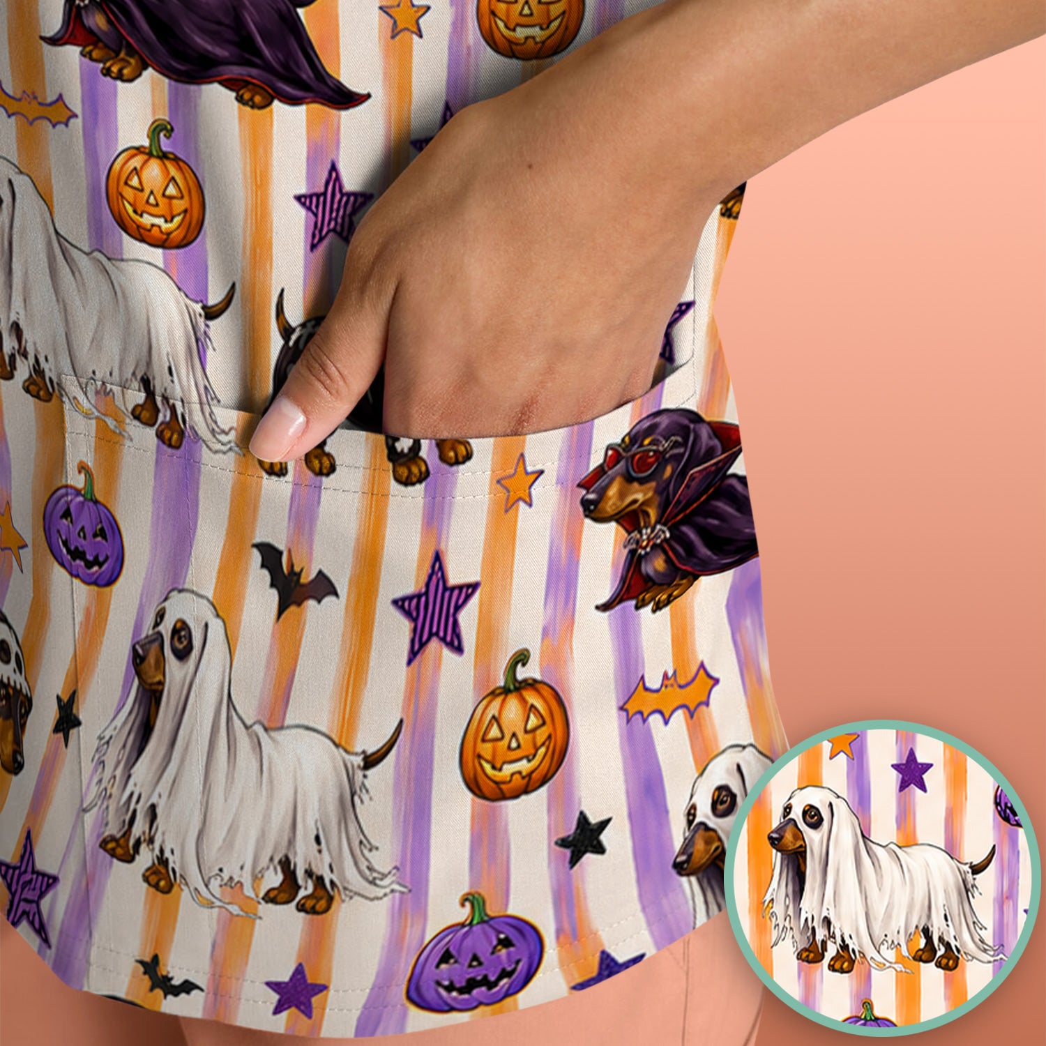 Halloween Dachshund Stripe Pattern Scrub Top, Comfortable Scrubs for Nurses