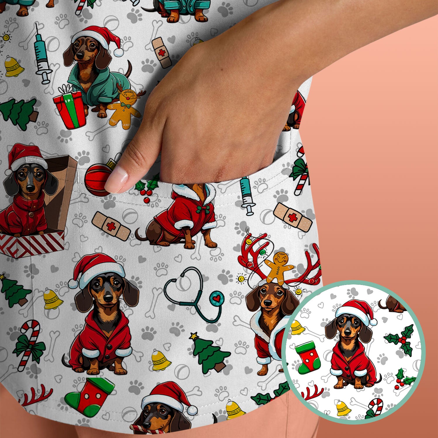 Christmas Dachshund Scrubs for Nurses - Cute Sausage Dog Holiday Scrub Top - Funny Reindeer & Santa Medical Shirt for Women