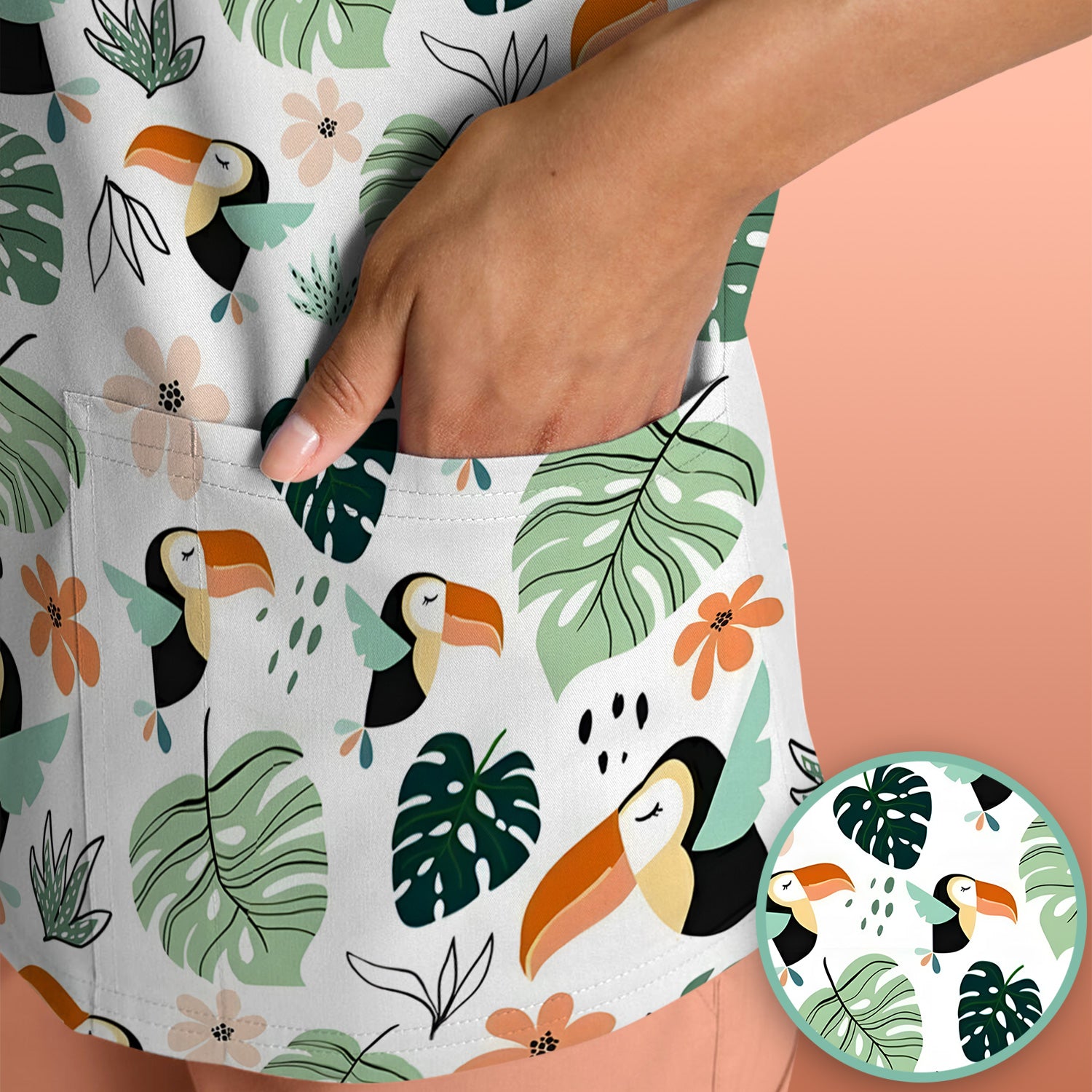 Tropical Toucan Leaf Floral Pattern Scrub Top, Comfortable Scrubs for Nurses