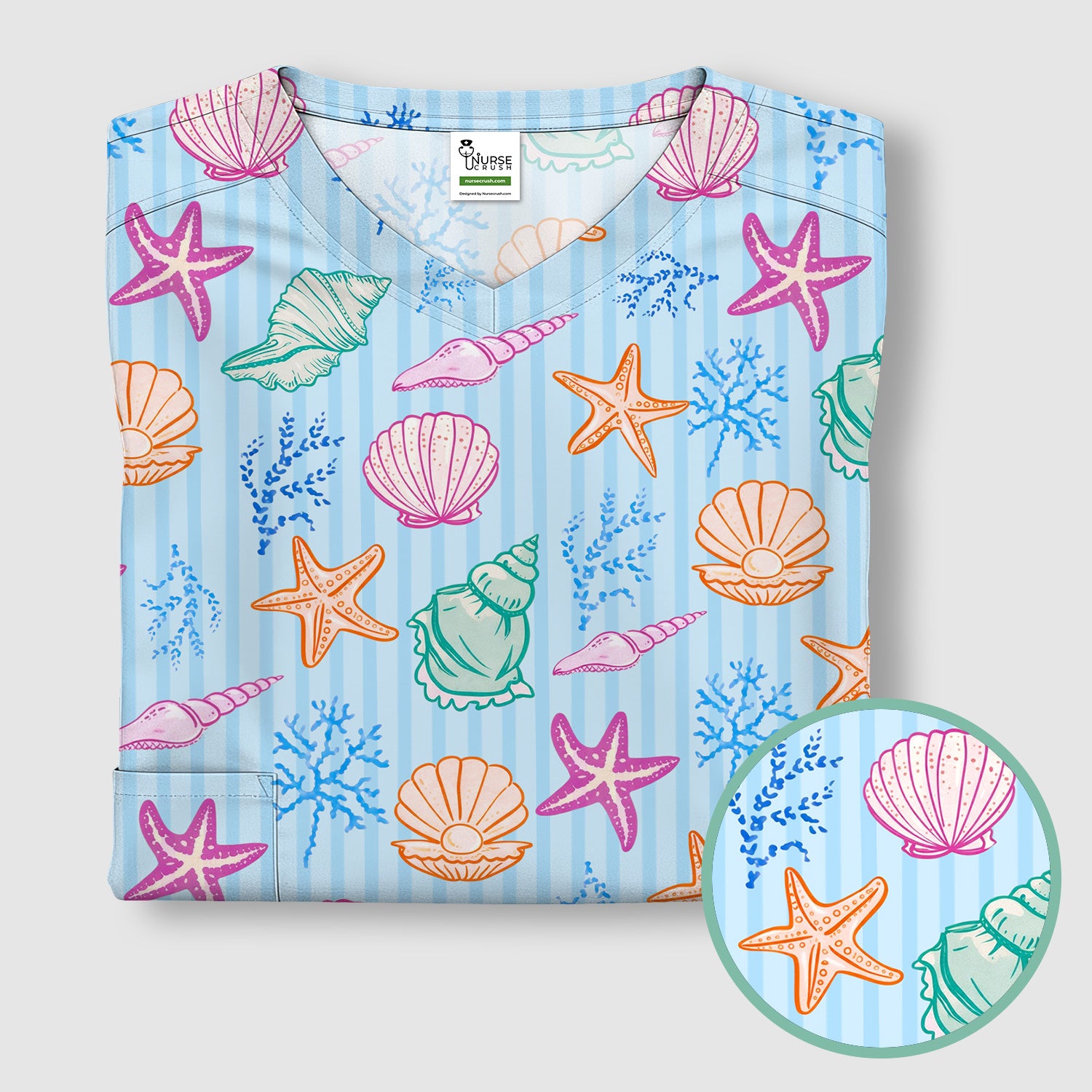 Colorful Seashell Starfish Ocean Stripe Pattern Scrub Top, Breathable Fabrics Nursing Uniform