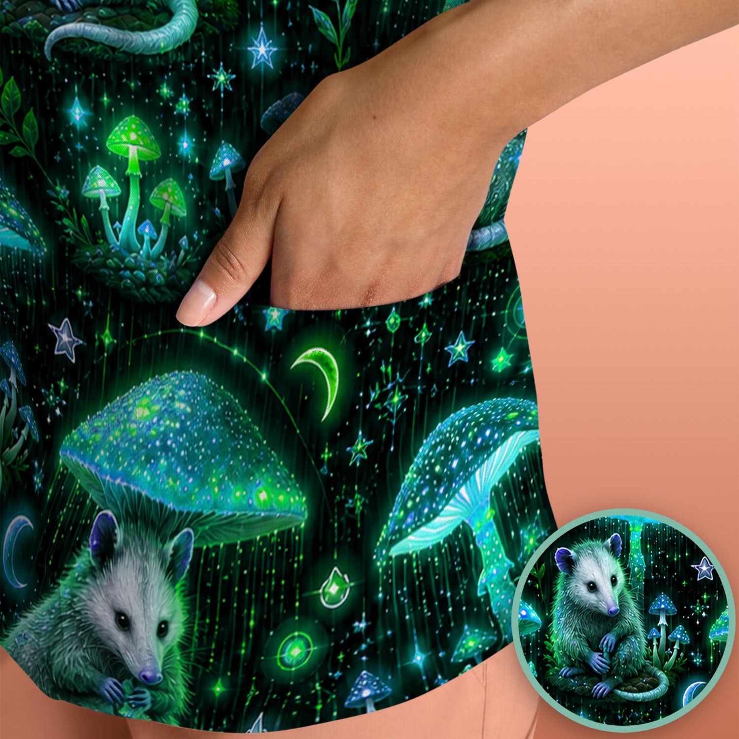 Moonlit Opossum Mushroom Pattern Scrub Top, Comfortable Scrubs for Nurses