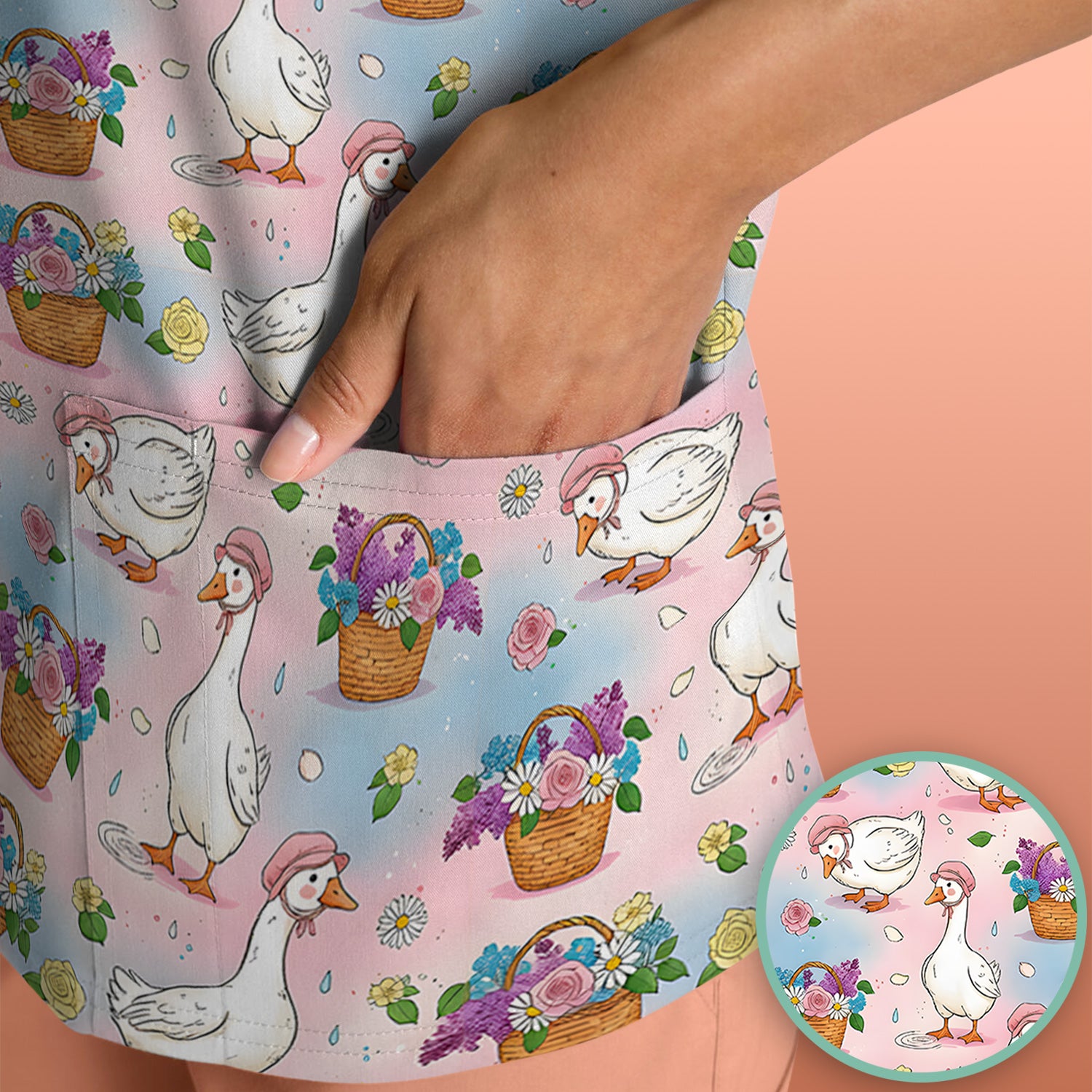 Cute Spring Goose Flower Basket Pattern Scrub Top, Comfortable Scrubs for Nurses