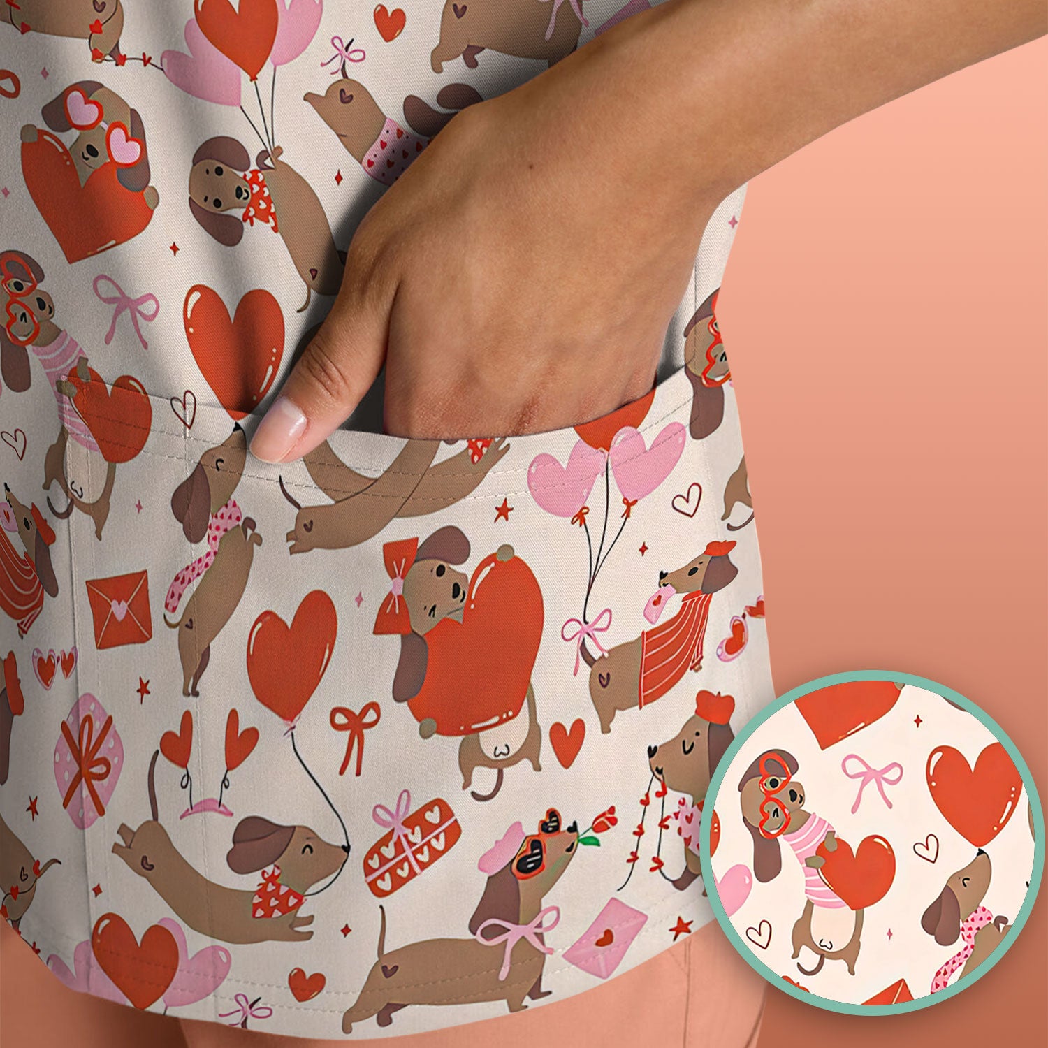 Cute Dachshund Valentine Medical Pattern Scrub Top, Breathable Fabrics Nursing Uniform