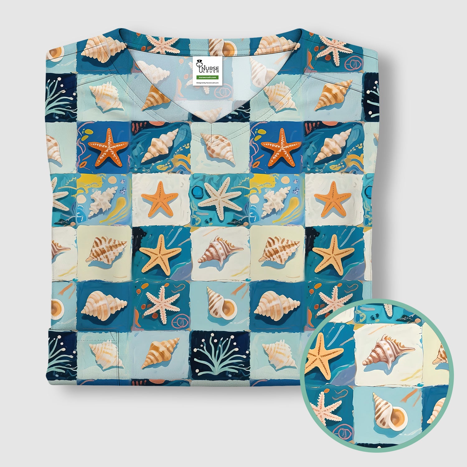 Cute Seashell Starfish Ocean Tile Pattern Scrub Top, Comfortable Scrubs for Nurses