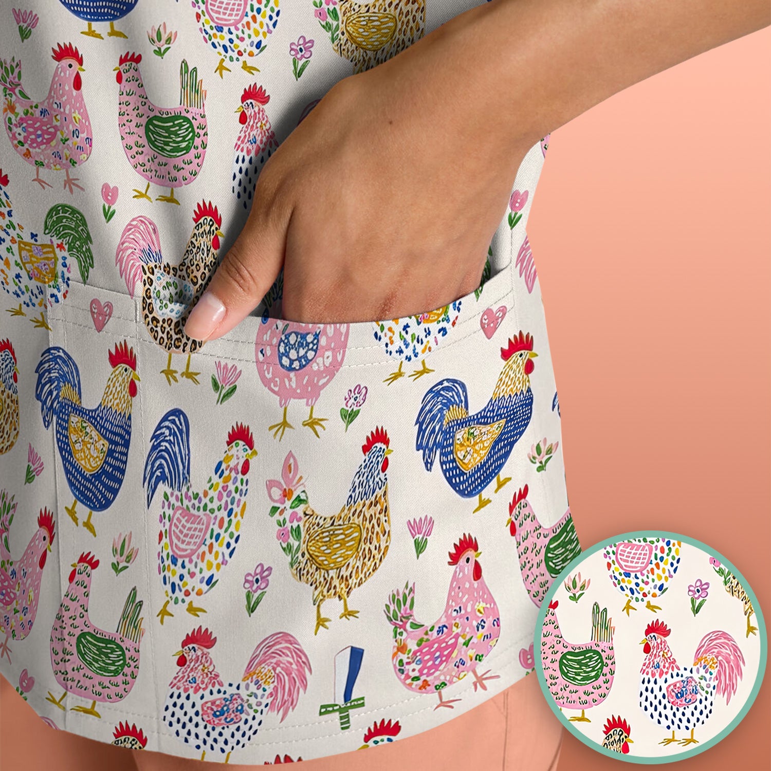 Funny Chicken Rooster Pattern Scrub Top, Breathable Fabrics Nursing Uniform