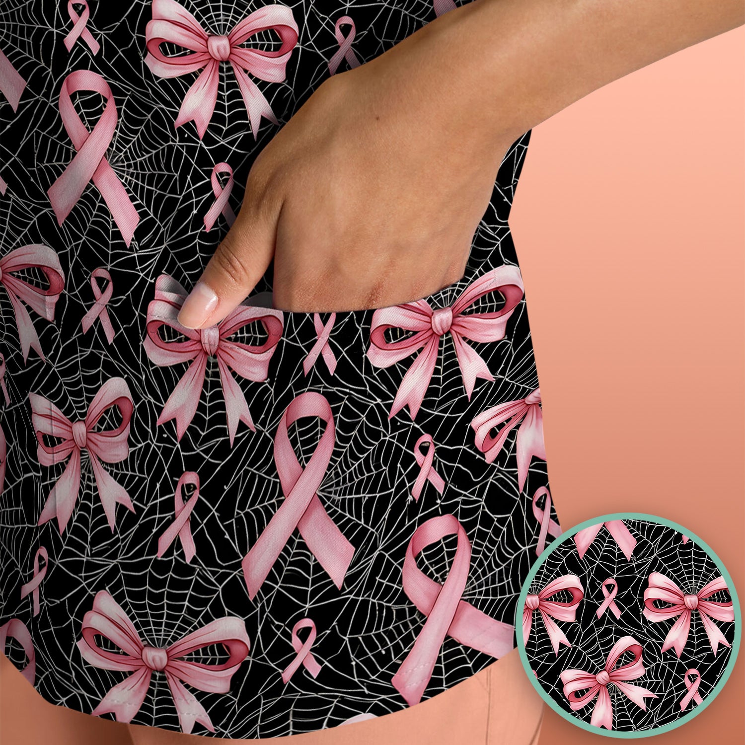 Pink Ribbon Pattern Scrub Top, Comfortable Scrubs for Nurses