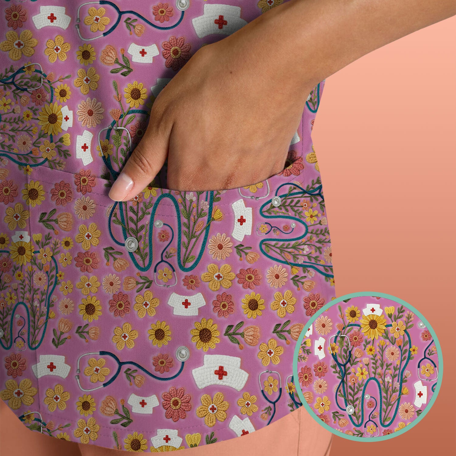 Boho Floral Tooth Scrub Top - Aesthetic Dental Scrubs for Women - Cute Flower Tooth Pattern Medical Uniform - Hygienist Christmas Gift