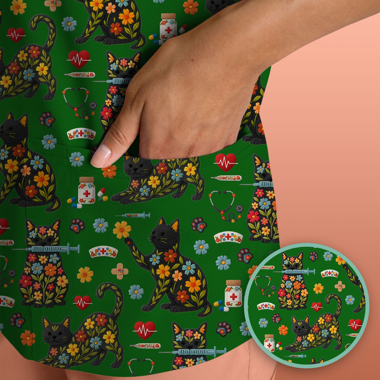 Floral Black Cat Pattern Scrub Top, Cute Cat Nurse Scrub Shirt, Medical Nursing Uniform