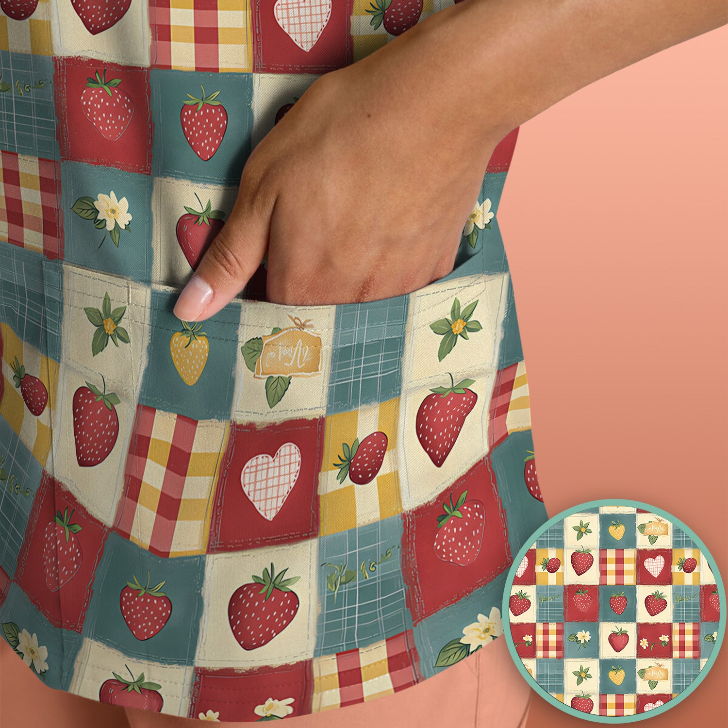 Cute Strawberry Floral Patchwork Pattern Scrubs Top, Comfortable Scrubs for Nurses