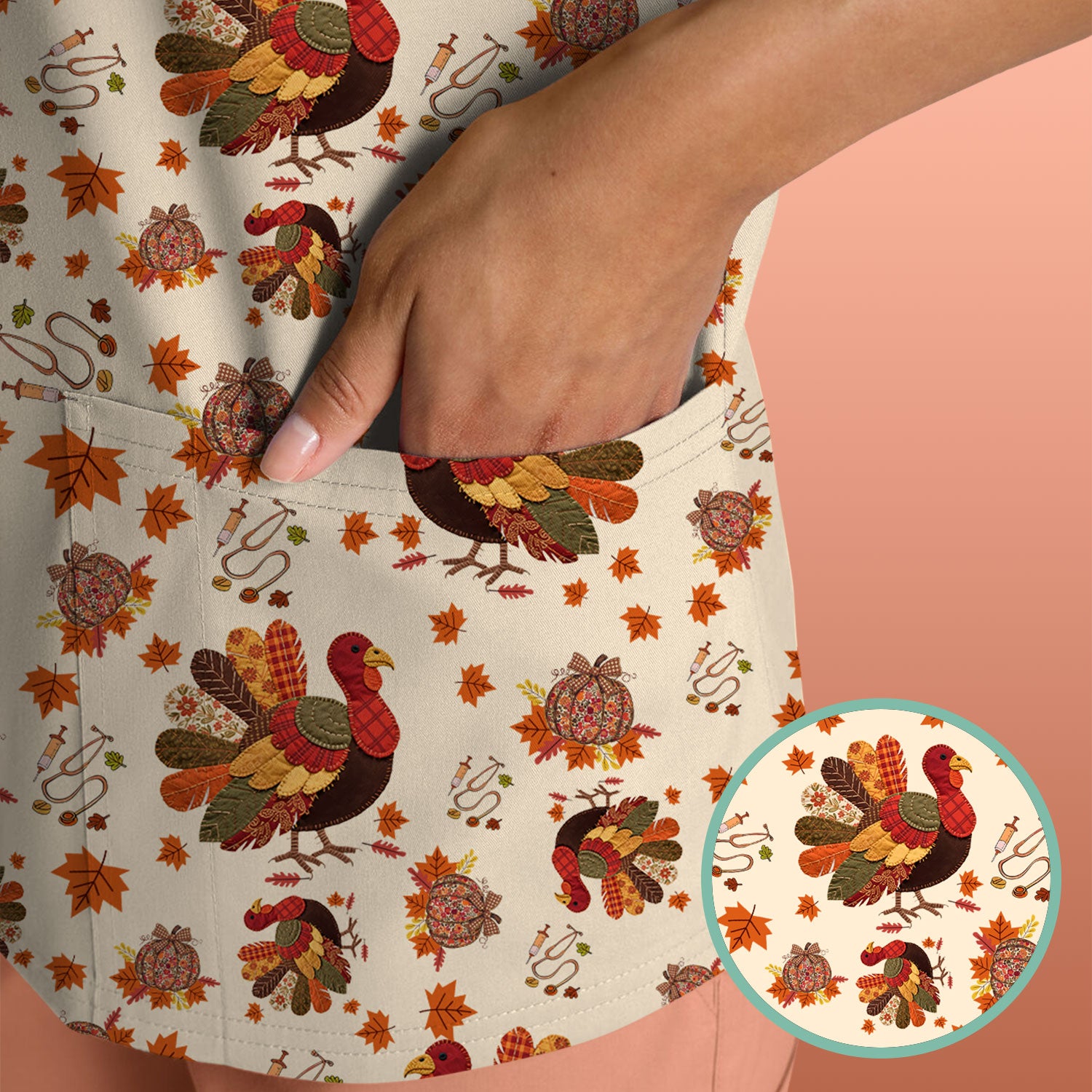Thanksgiving Turkey Nurse Scrub Top for Women - Fall Leaves Pattern Shirts - Autumn Nursing Uniform Gift for RN LPN CNA