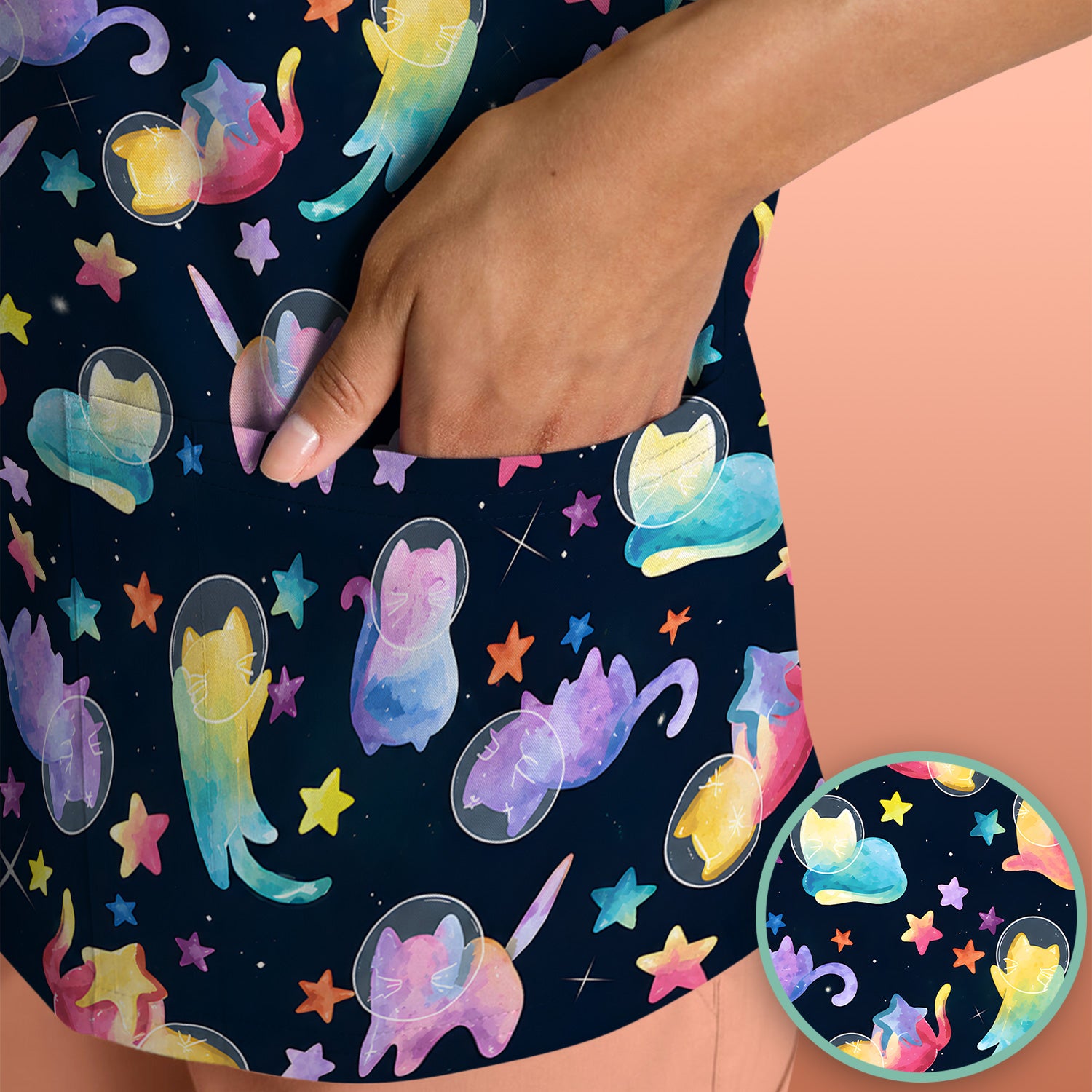 Cute Space Cat Veterinary Pattern Scrub Top for RN, CNA, Galaxy Medical Uniform
