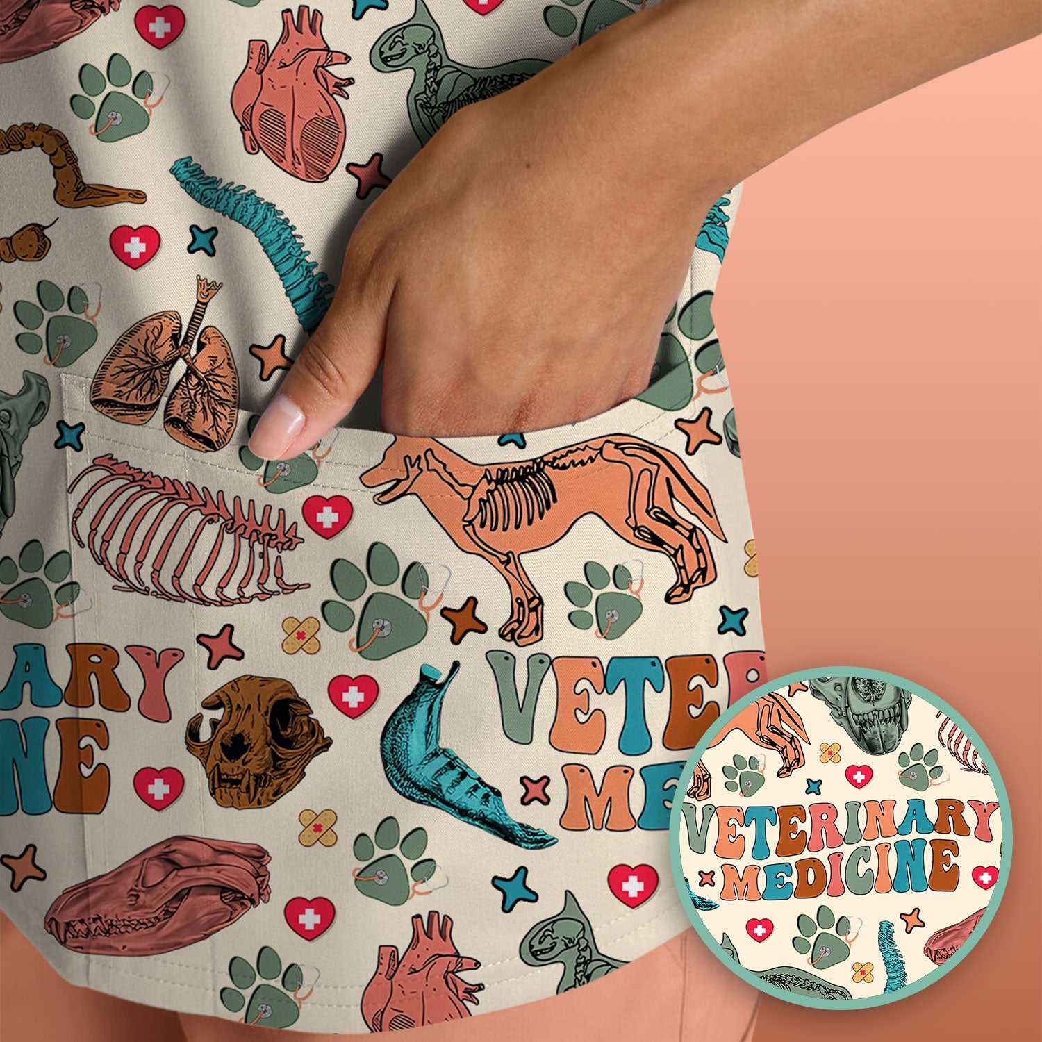 Veterinary Medicine Scrub Top - Cute Animal Anatomy Pattern Medical Shirt - Fun Vet Tech Nurse Scrubs for Women