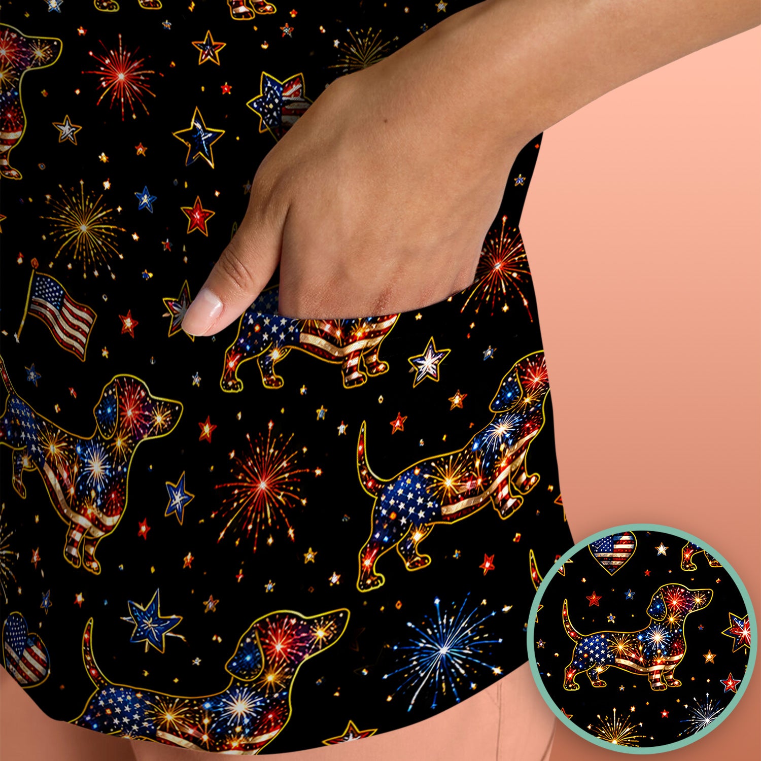 Patriotic Dachshund Nurse for RN & CNA, Fireworks Dog Lover Healthcare Uniform Scrub Top, Comfortable Scrubs for Nurses