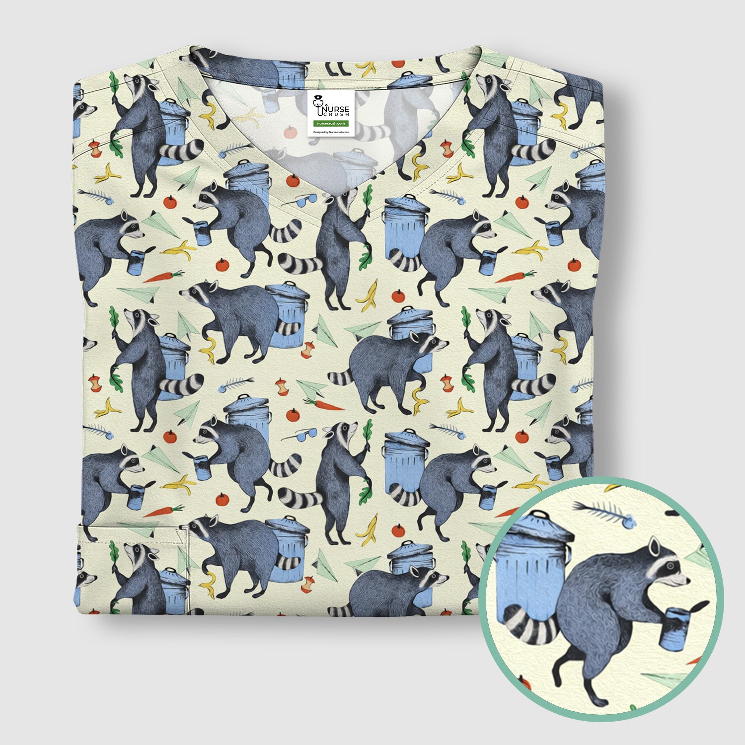 Funny Nurse Raccoon Eating Trash Banana Scrub Top, Breathable Fabrics Nursing Uniform