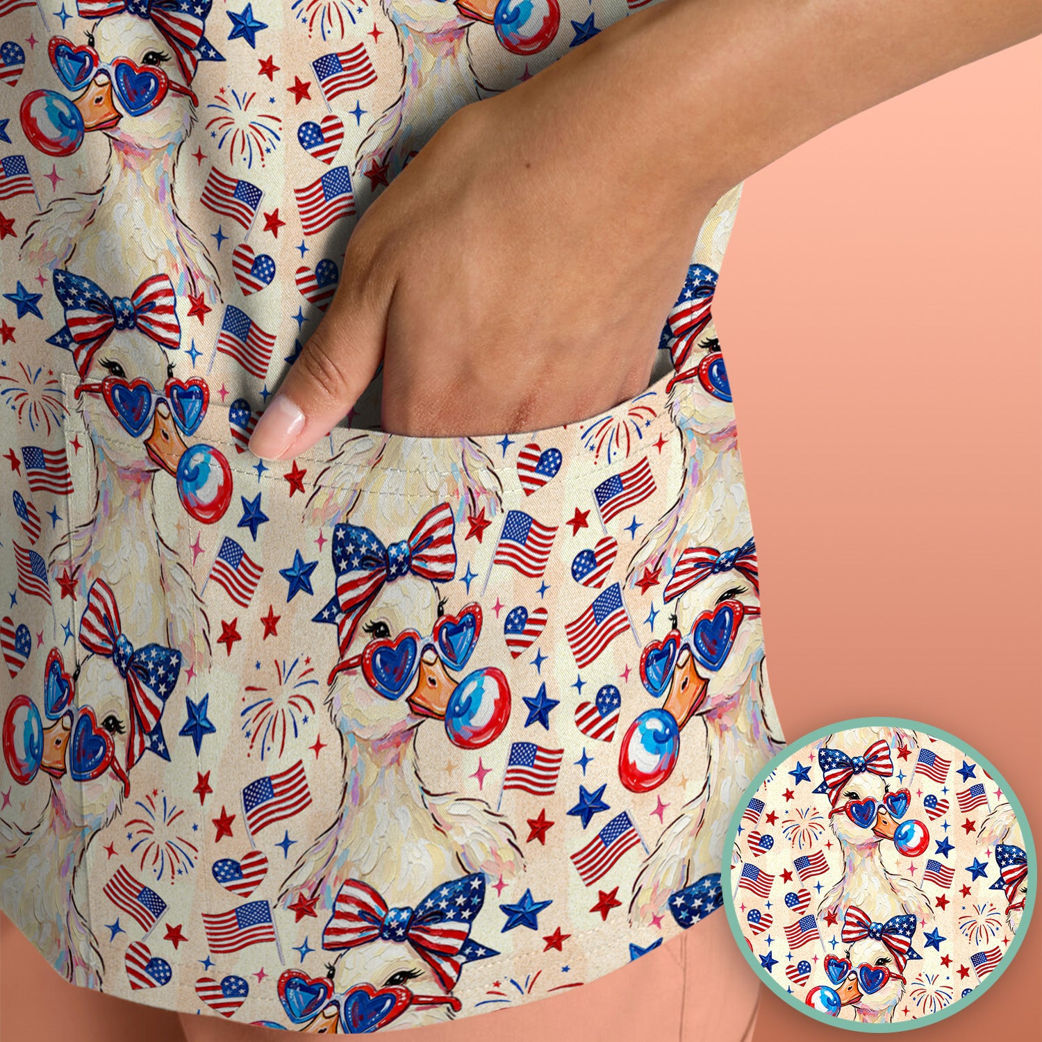 USA Flag 250th Patriotic Duck Sunglasses Pattern Scrub Top, Breathable Fabrics Nursing Uniform