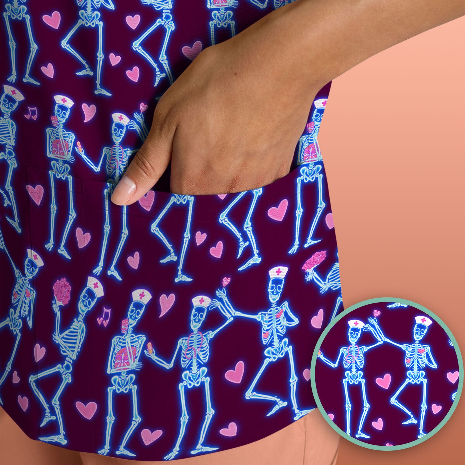 Skeleton Nurse Heart Pattern Scrub Top, Playful Nurse Style, Breathable Fabrics Nursing Uniform