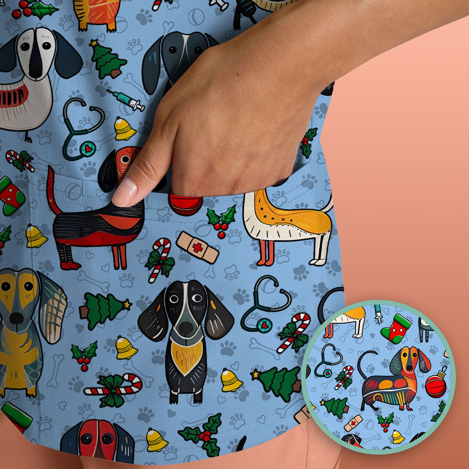 Christmas Wiener Dog Scrub Top - Funny Sausage Dog Nurse Shirt for Women - Holiday Medical Uniform