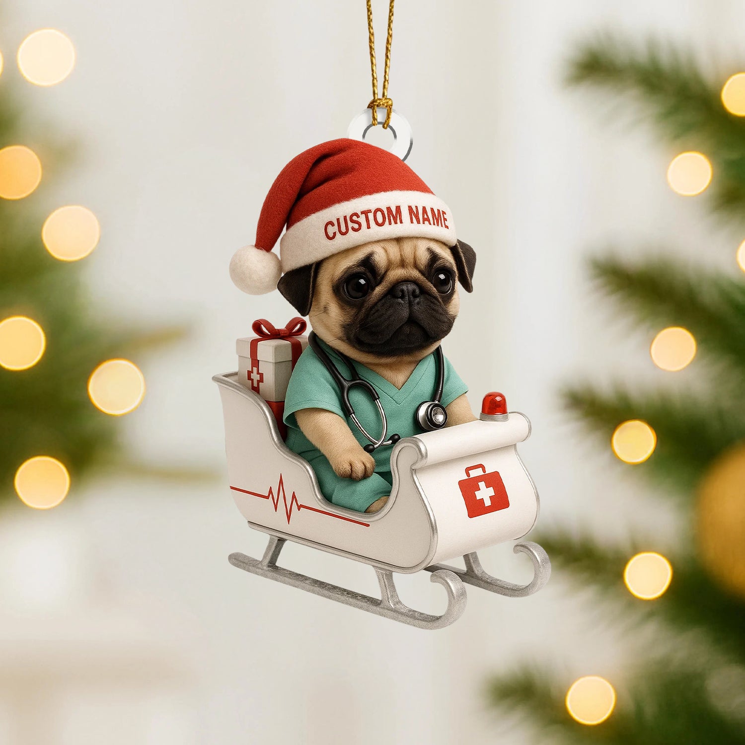 Personalized Nurse Pug Christmas Ornament – Custom Name Dog Doctor Sleigh Decor – Cute Medical Puppy Holiday Tree Ornament for Pet Lovers & Healthcare Workers