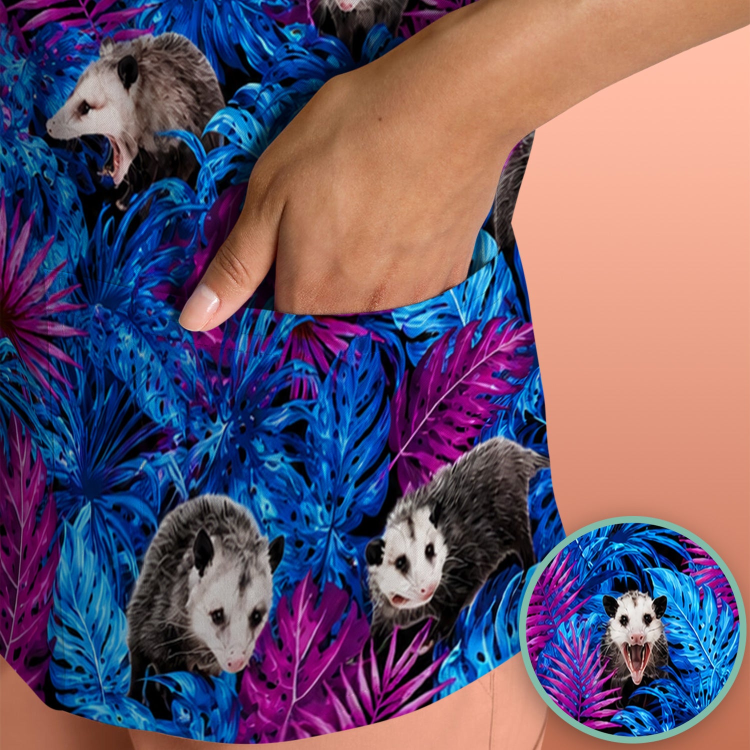 Cute Opossum Tropical Print Scrub Top, Comfortable Scrubs for Nurses