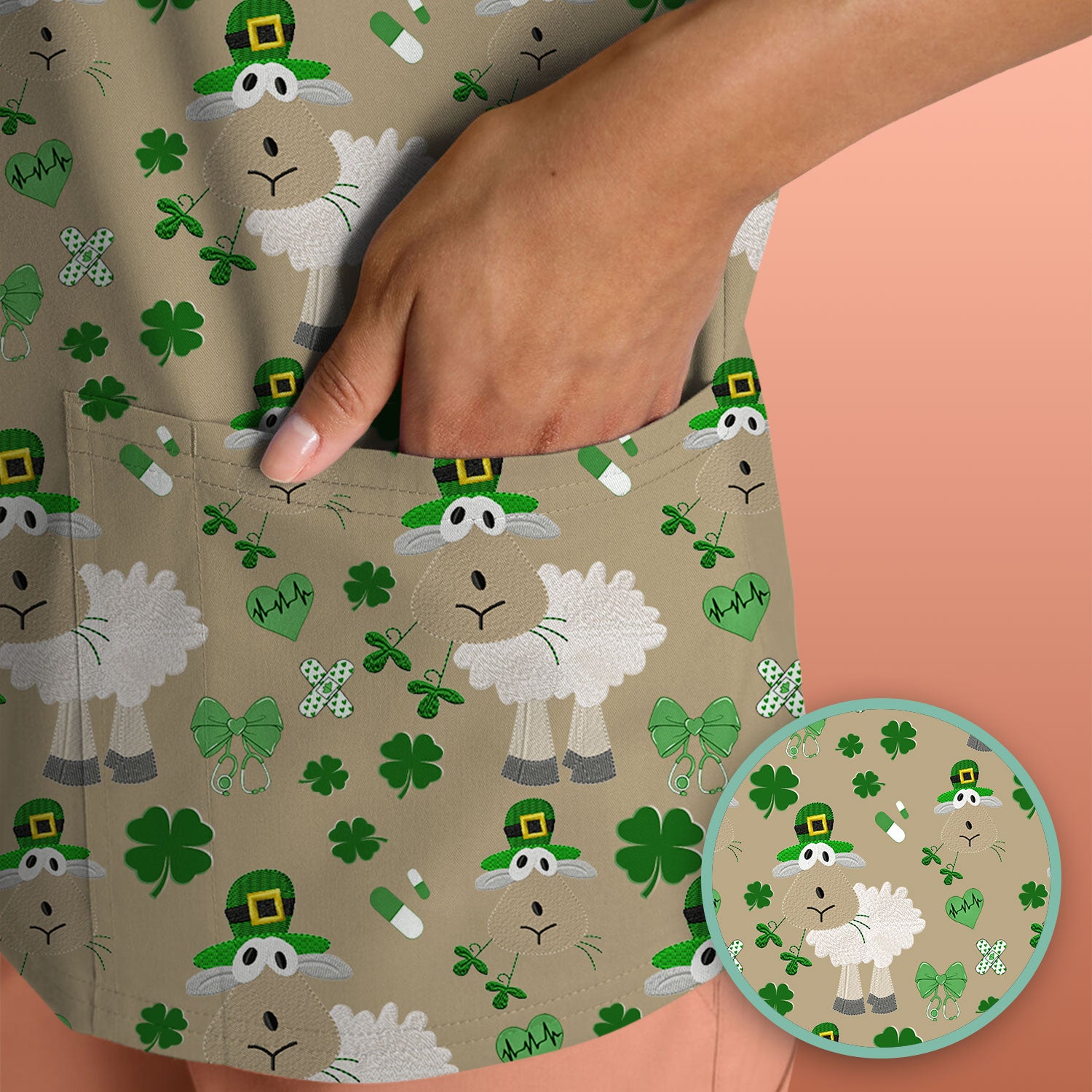Nurse St. Patrick Scrubs Top, Cute Sheep Shamrock Pattern Nurse Shirt, Breathable Fabrics Nursing Uniform