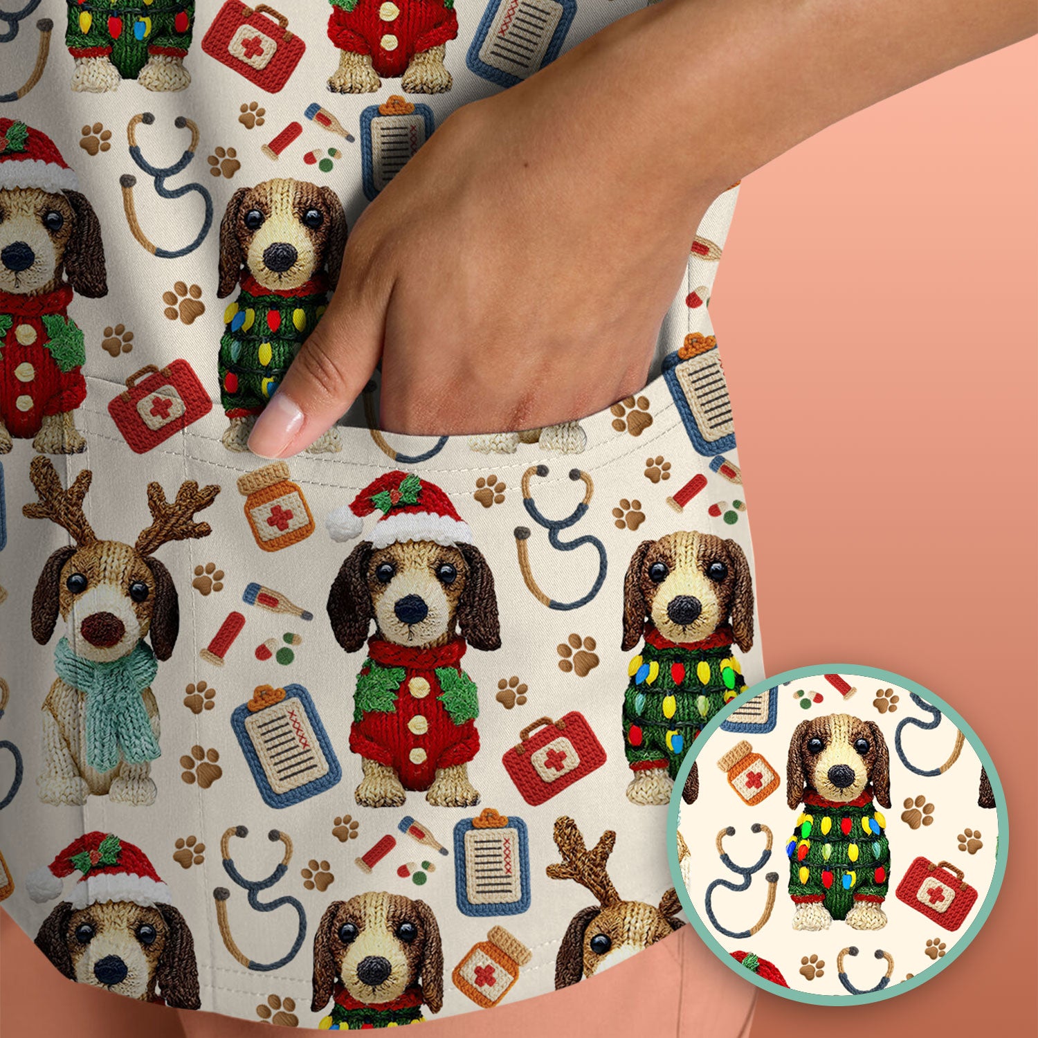 Christmas Doxie Scrubs for Women - Cute Dachshund Christmas Scrub Top for Nurses - Funny Medical Uniform Gift