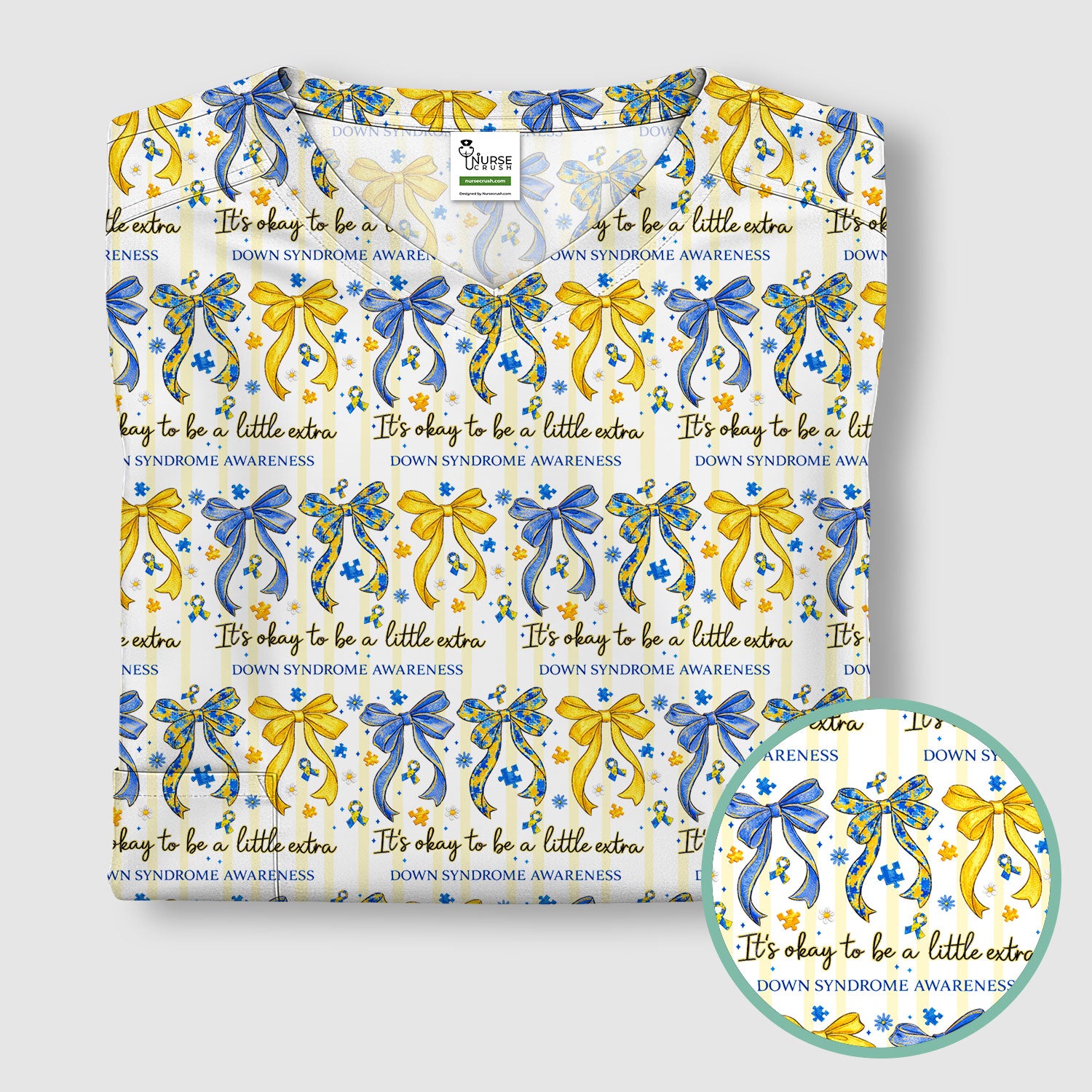 Down Syndrome Awareness Ribbon Pattern Scrub Top Comfortable Nurse Workwear Top