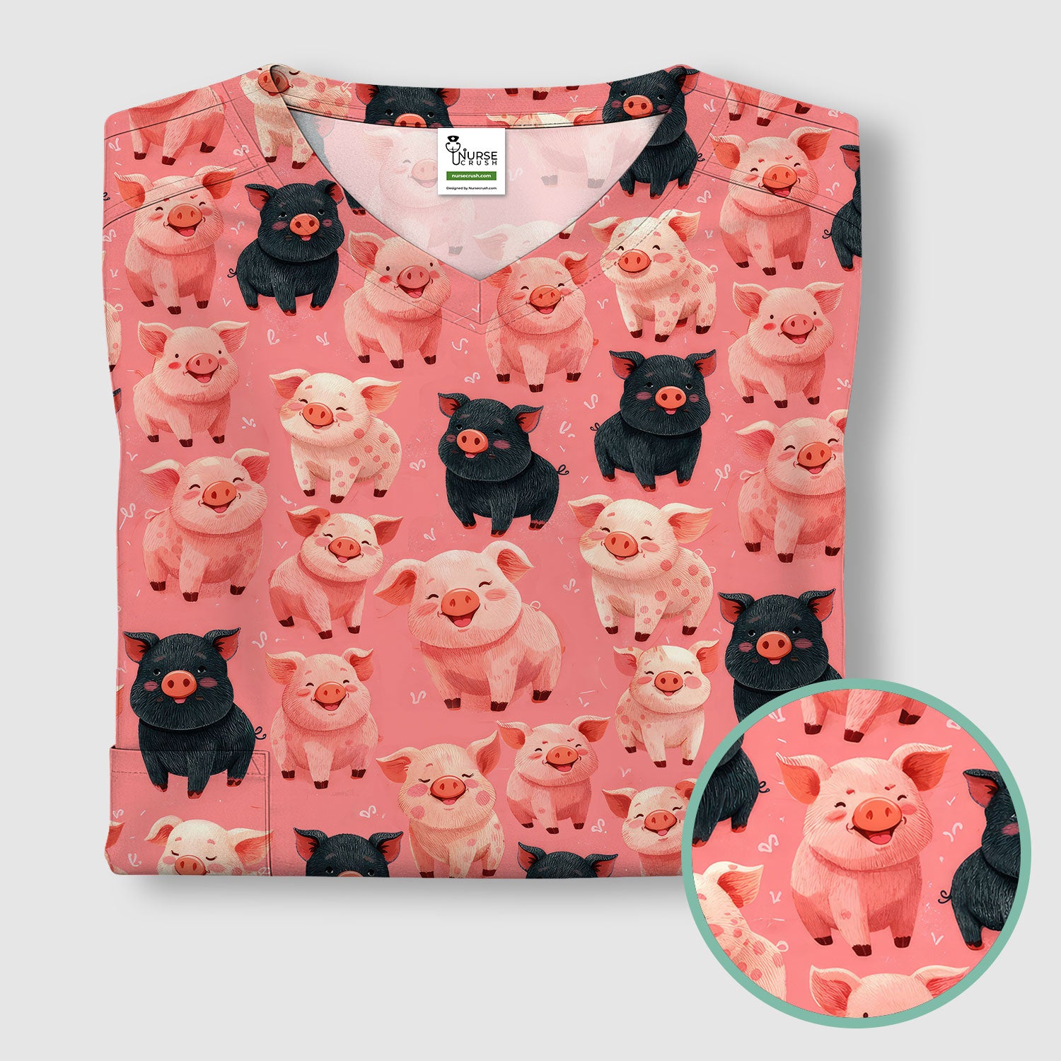 Cartoon Pig Print Scrub Top, Comfortable Medical Scrubs for Nurses