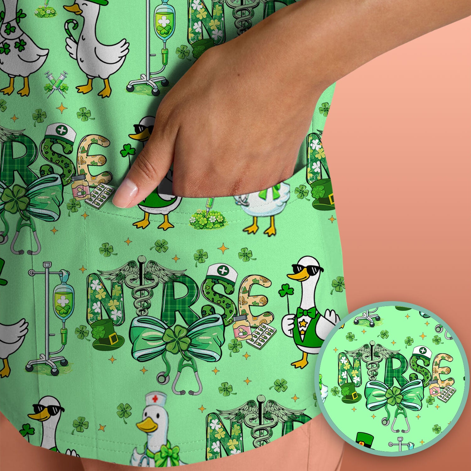 Funny Goose Nurse Shamrock Scrub Top, St. Patrick’s Day Nurse Pattern Shirt, Breathable Fabrics Nursing Uniform