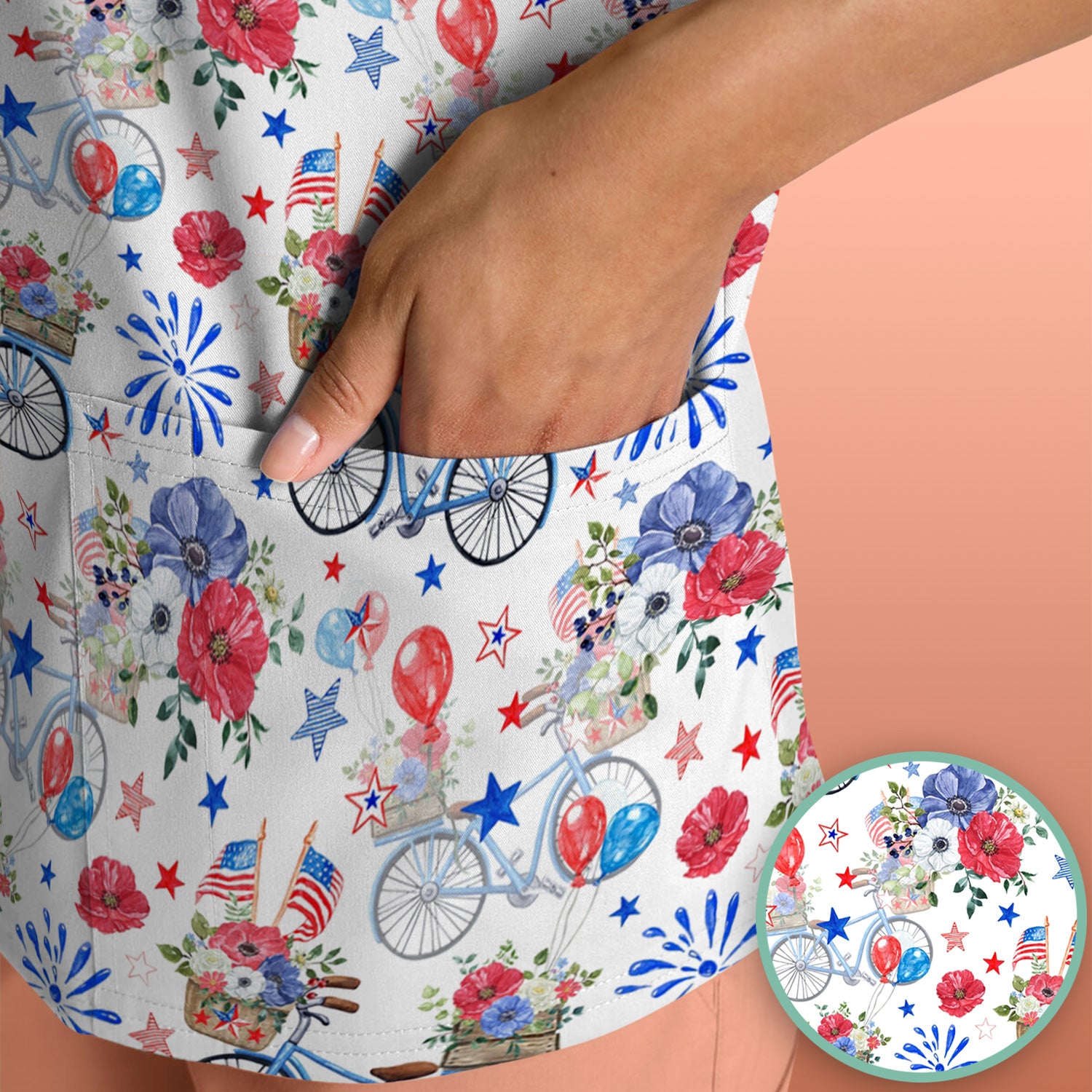 Patriotic Bicycle Floral Fireworks Print Scrub Top, Comfortable Scrubs for Nurses