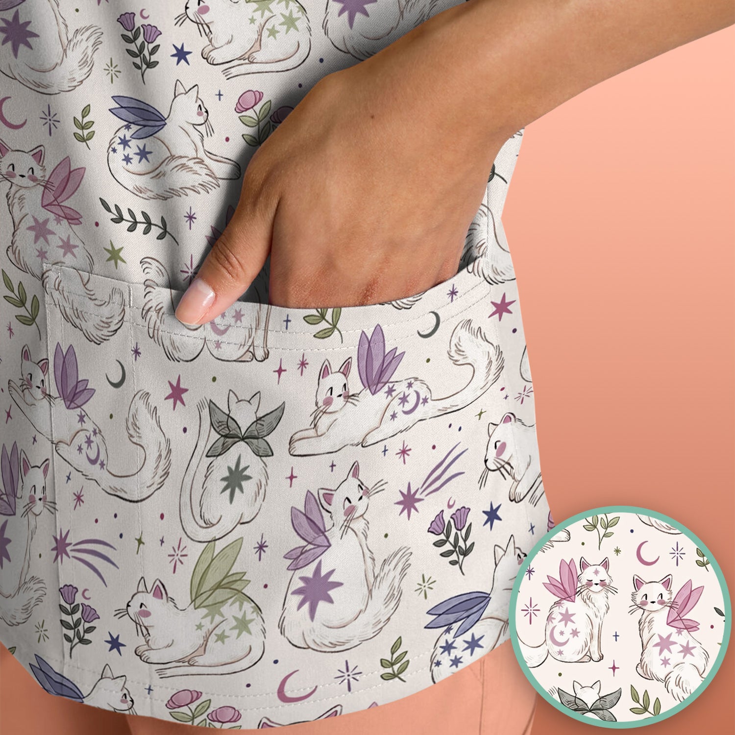Cute Fairy Cat Moon Star Floral Pattern Scrub Top, Comfortable Scrubs for Nurses
