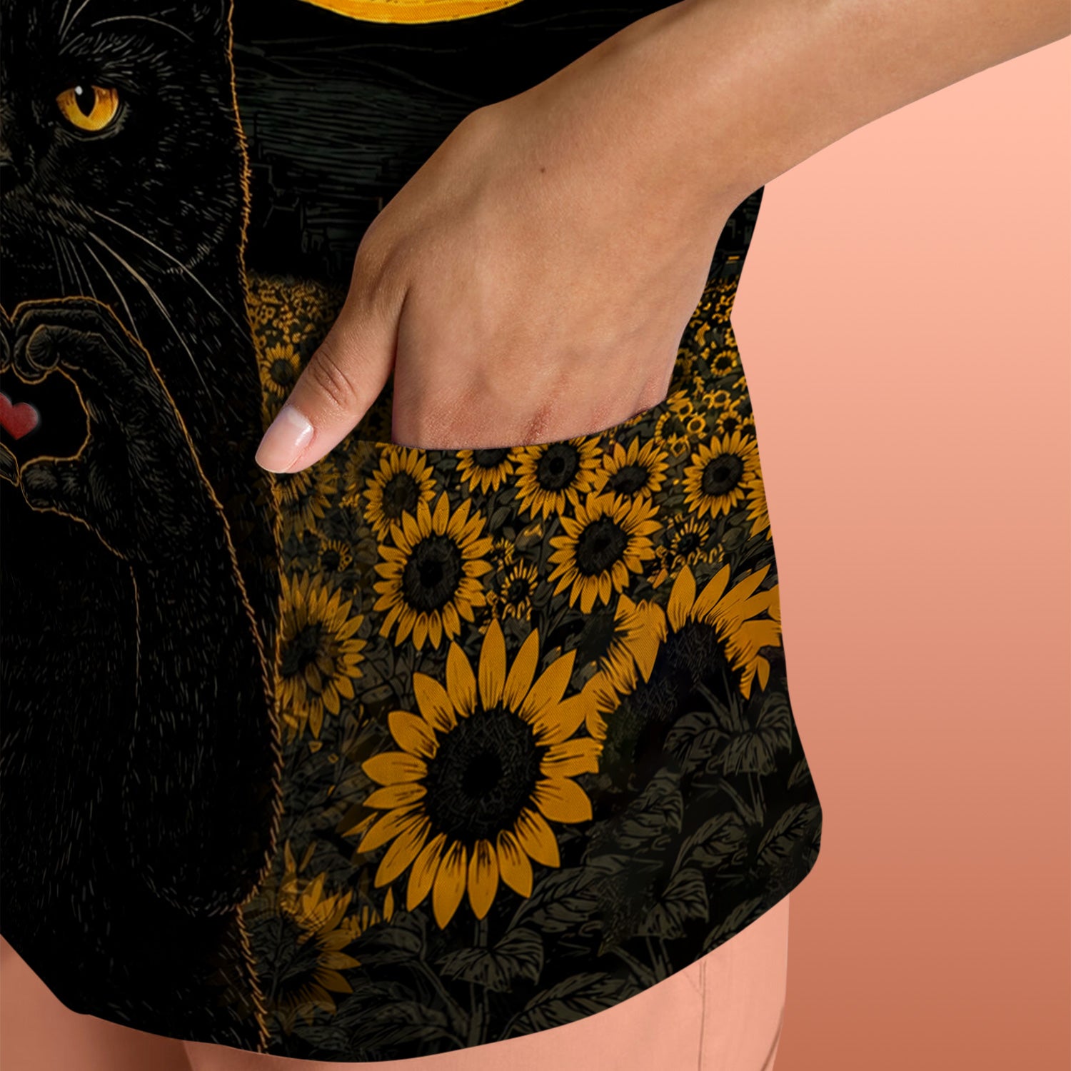 Cute Black Cat Sunflower Night Pattern Scrub Top, Comfortable Scrubs for Nurses