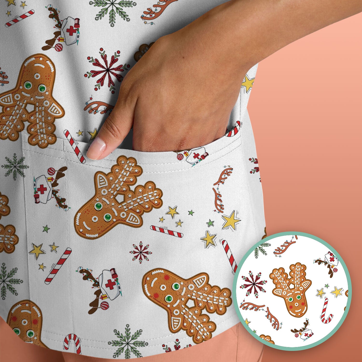 Gingerbread Cookies Reindeer Scrub Top - Funny Christmas Gingerbread Breathable Med Uniform - Comfortable Scrubs for RN CNA LPN