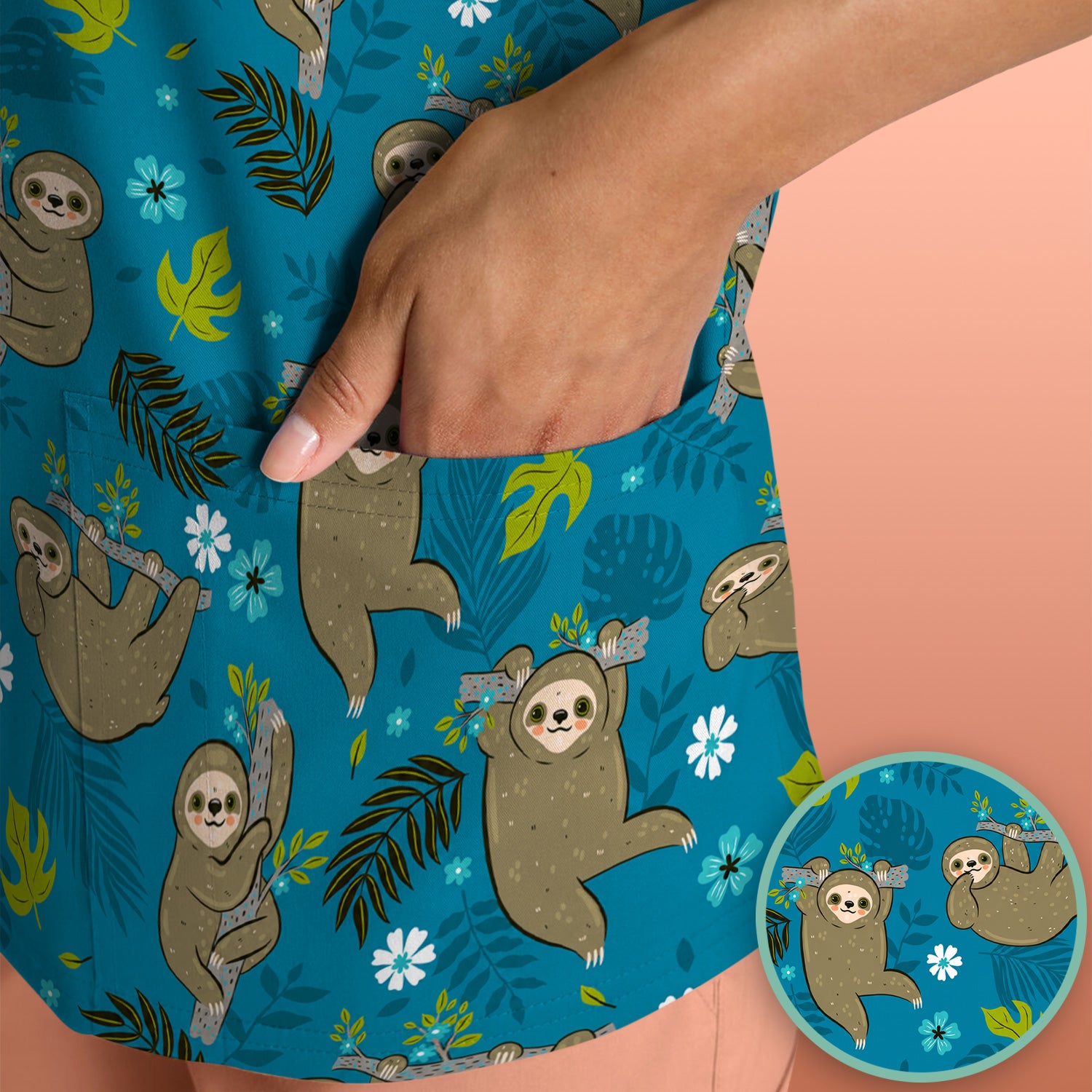 Jungle Tropical Sloth Pattern Scrub Top, Comfortable Scrubs for Nurses