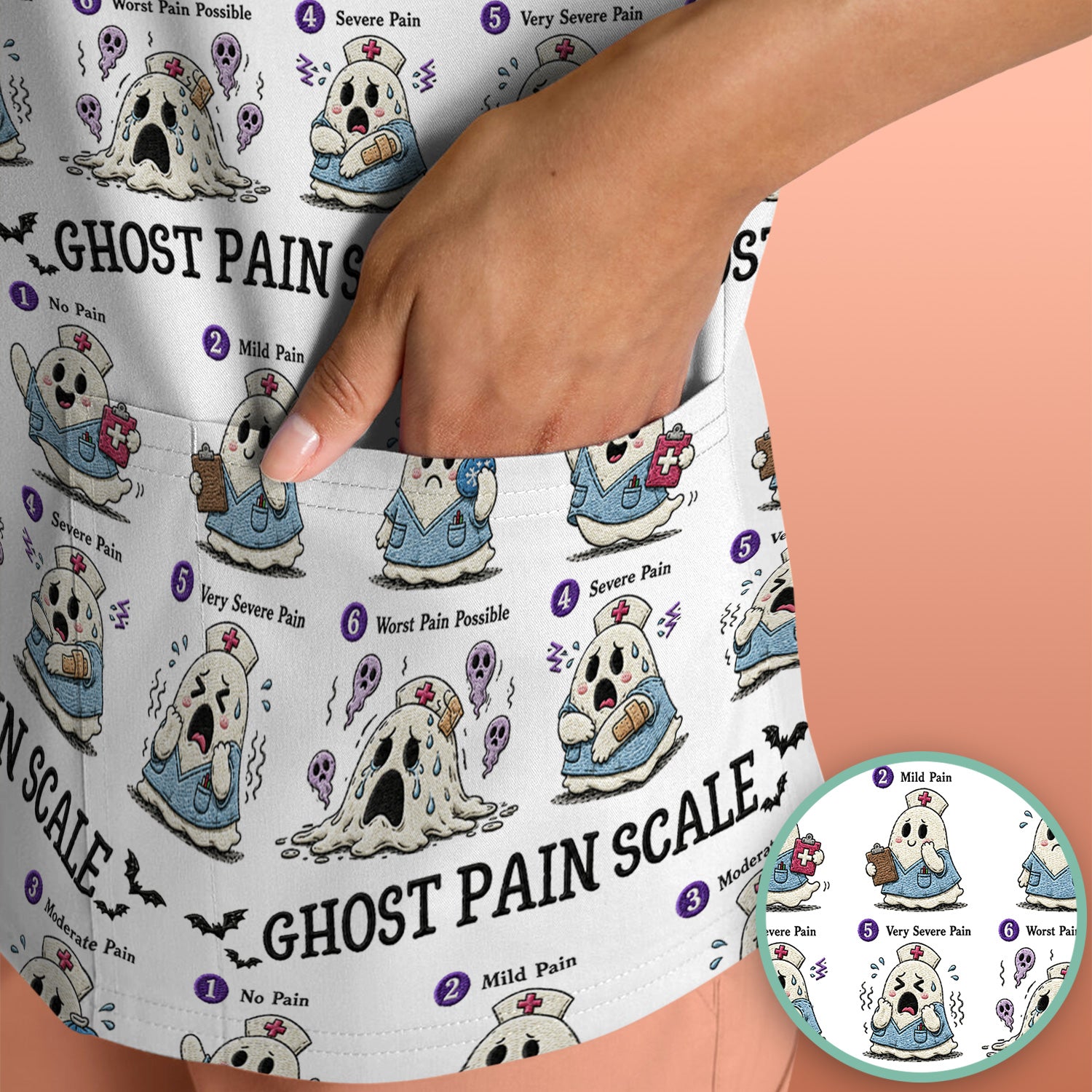 Funny Ghost Pain Scale Pattern Scrub Top, Comfortable Scrubs for Nurses