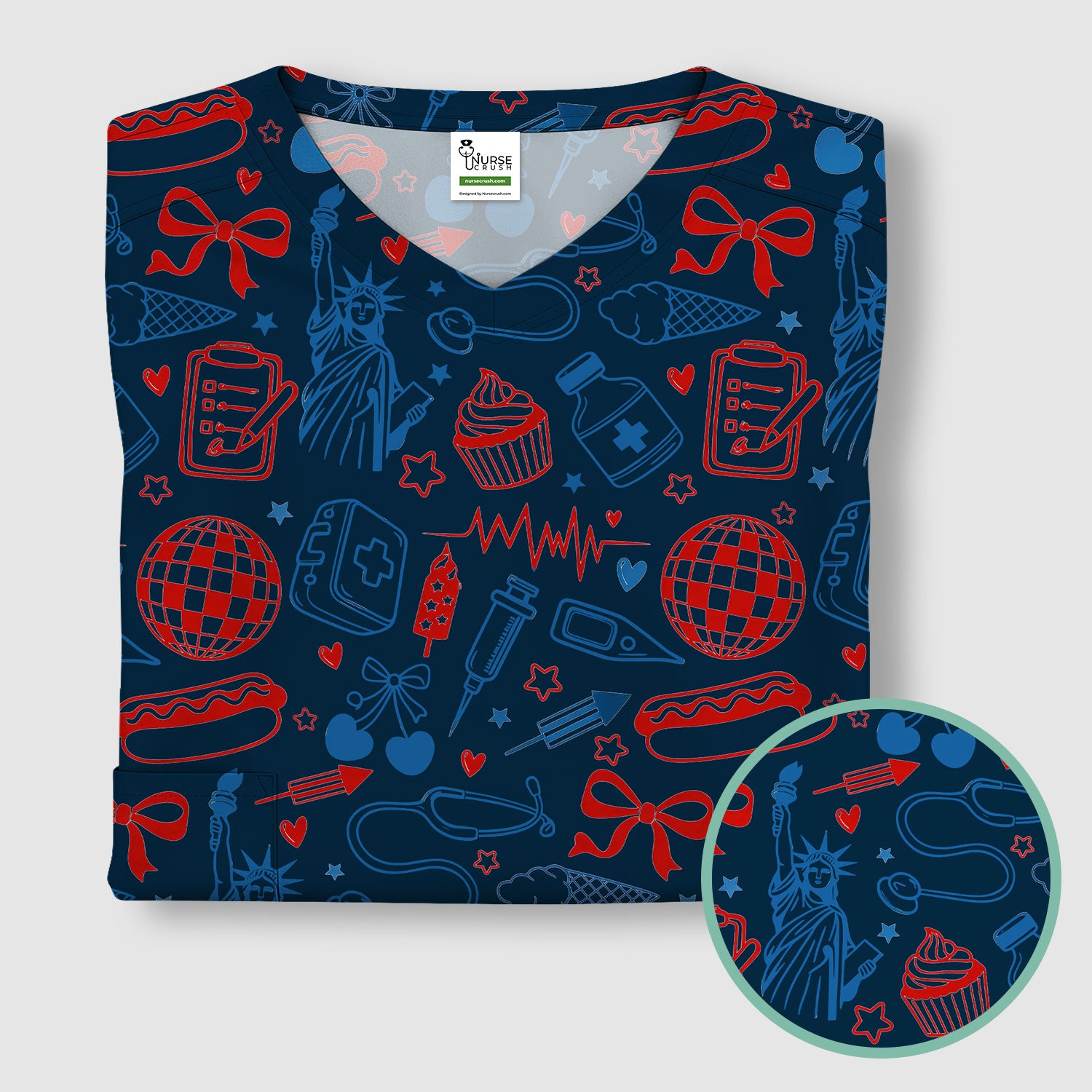 Patriotic Nurse Medical Icons Pattern Scrub Top, Breathable Fabrics Nursing Uniform