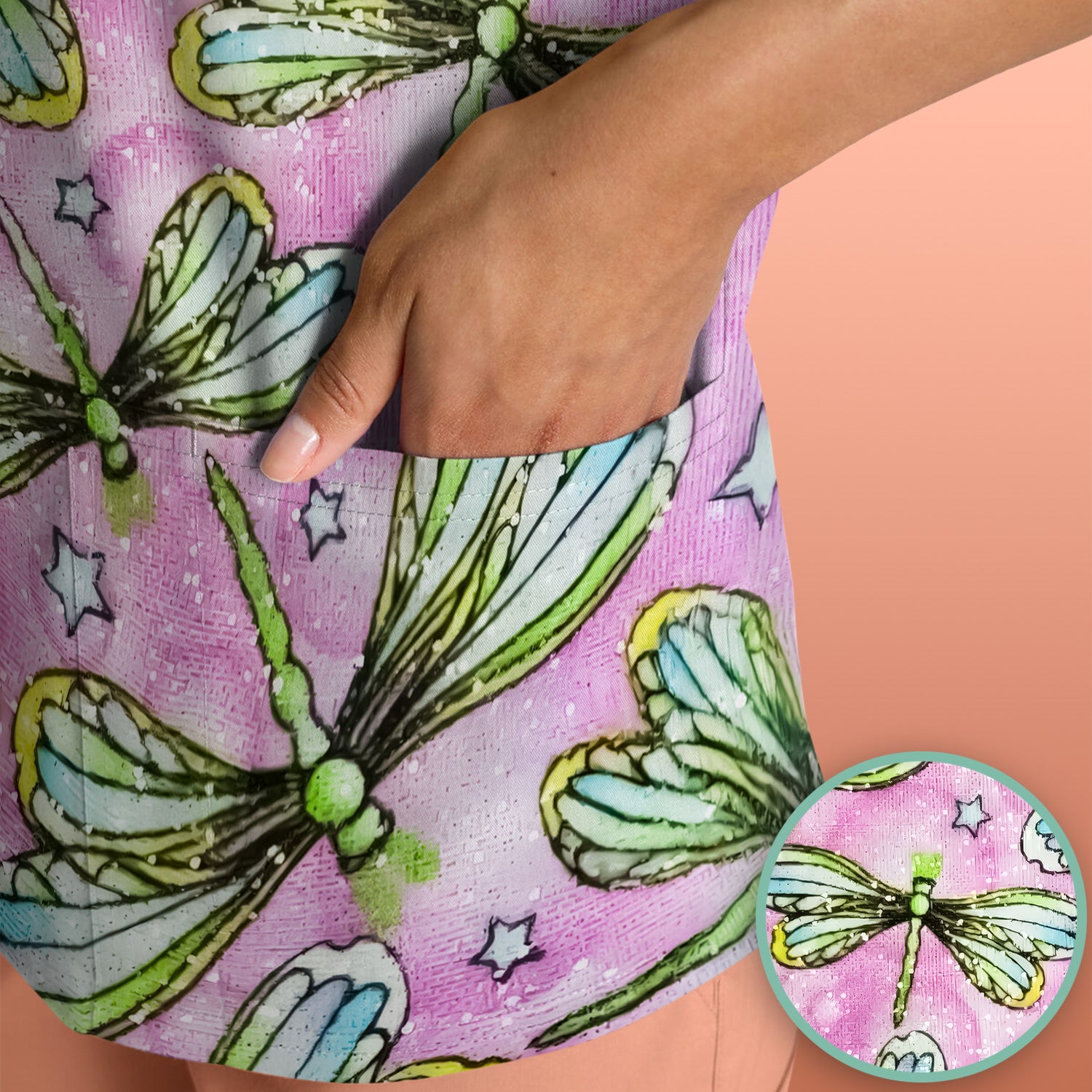 Dragonfly On Pink Starry Background Scrub Top, Comfortable Scrubs for Nurses