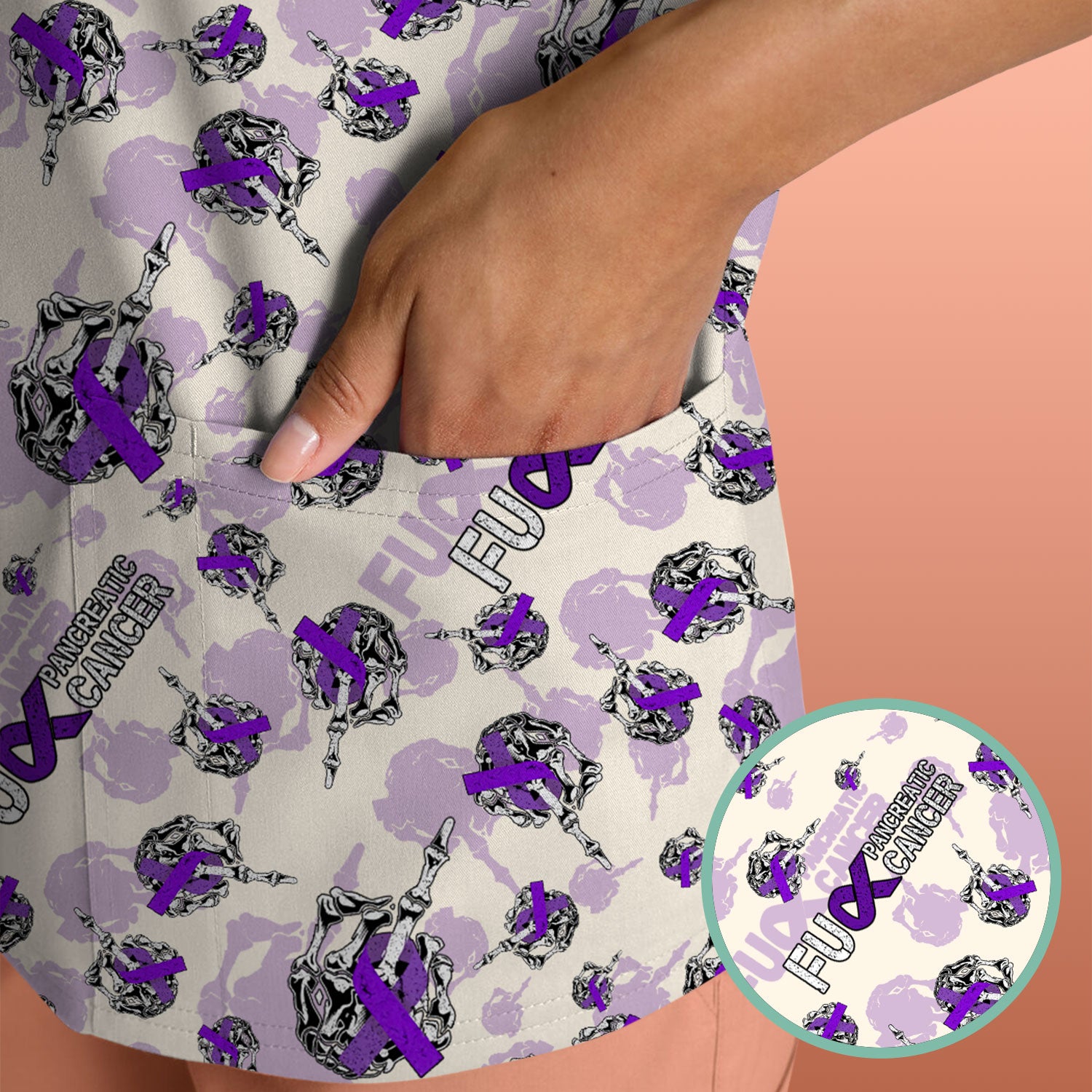 Pancreatic Cancer Awareness Scrub Top - Fuck Cancer Purple Ribbon Nurse Shirt - Strong Gift Idea for Survivors, Fighters & Supporters