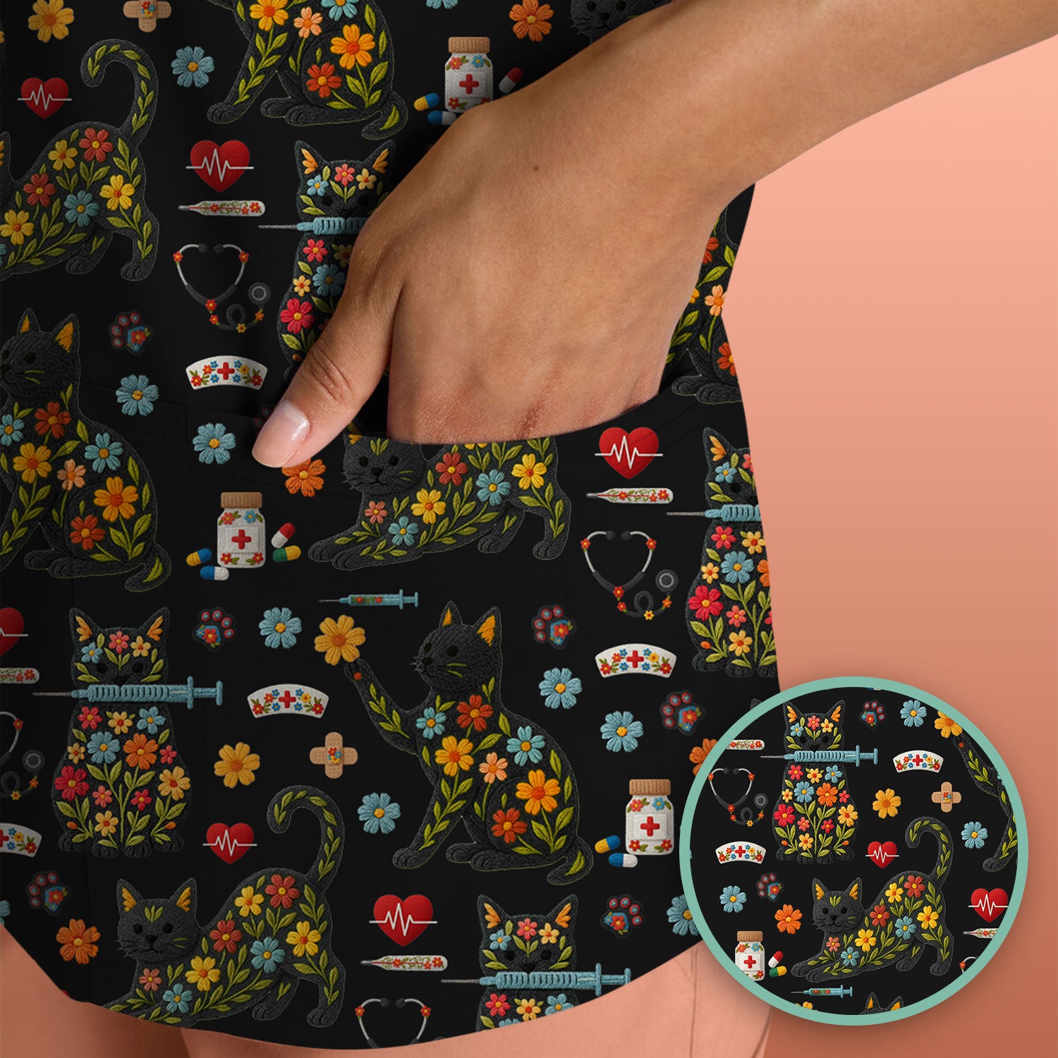 Floral Black Cat Pattern Scrub Top, Cute Cat Nurse Scrub Shirt, Medical Nursing Uniform
