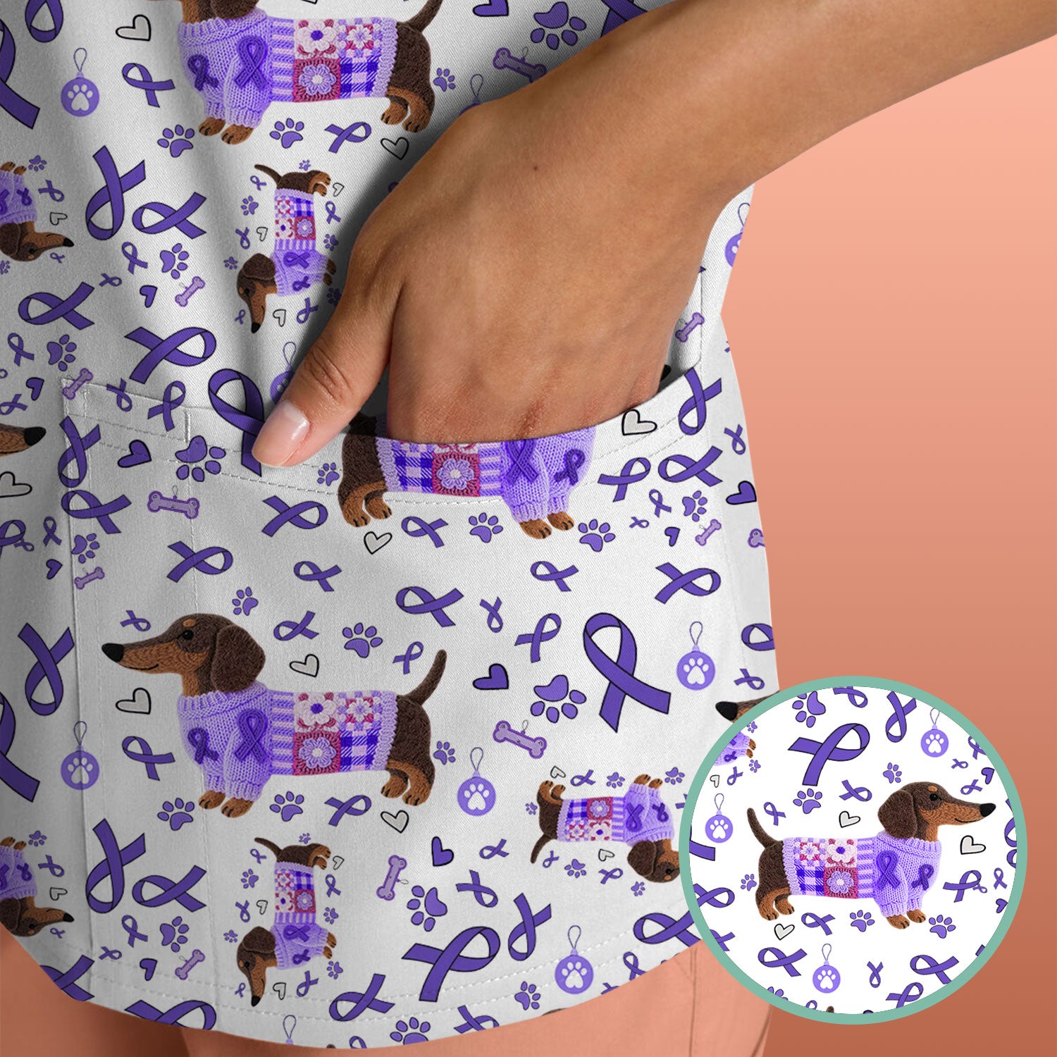 Purple Ribbon Dachshund Scrub Top for Nurses - Cute Awareness Dog Paw Prints - Support Lupus Cancer Med Uniform Gift for Women