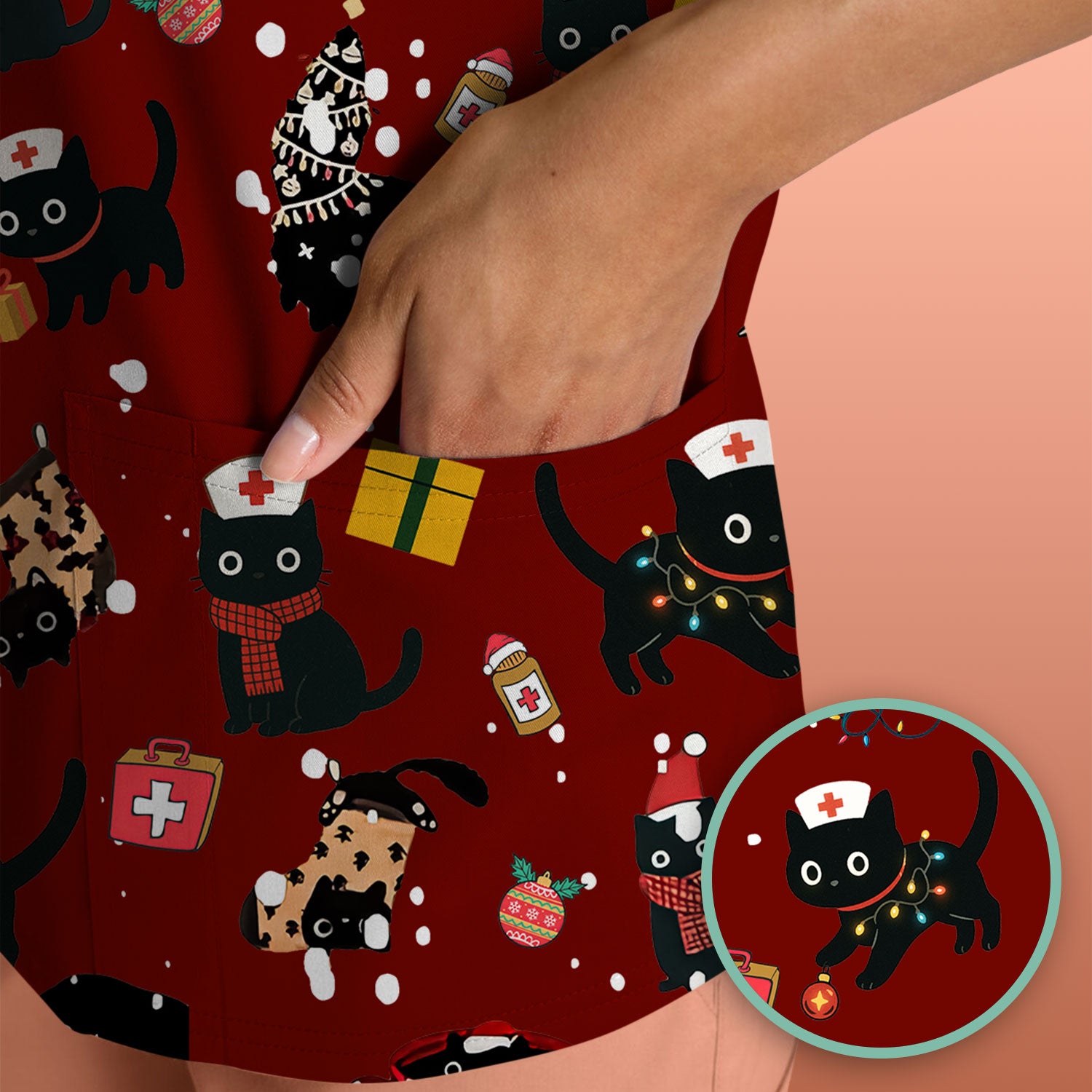 Funny Cat Scrub for Women - Christmas Black Cats Comfortable Scrubs for Nurses - Breathable Fabrics Nursing Uniform