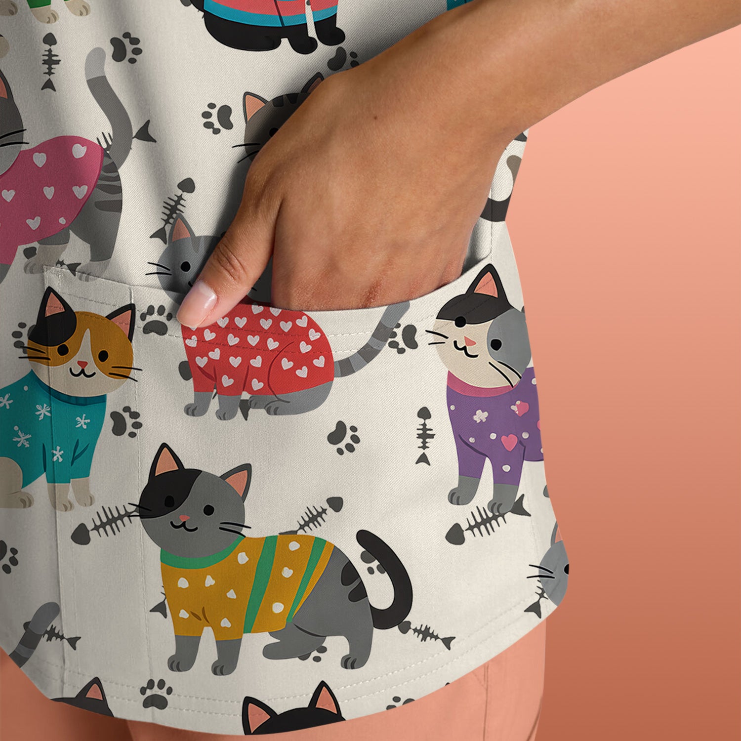 Cute Cat Nurse Scrub Top Multi Color - Funny Kitty Print Scrub Shirt for Women - Colorful Nursing Work Shirt with Pockets