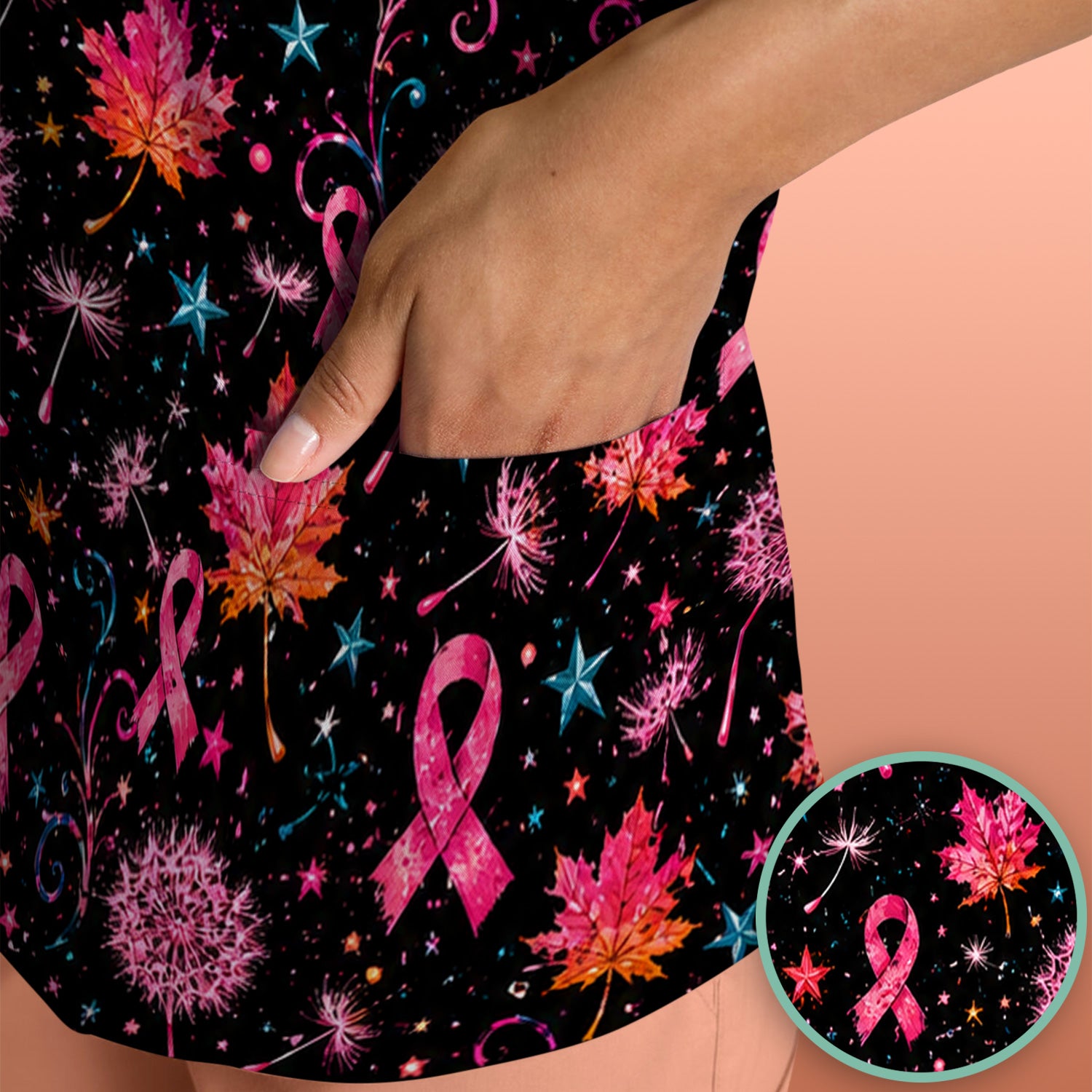 Breast Cancer Awareness Pink Ribbon Fall Scrub Top, Comfortable Scrubs for Nurses