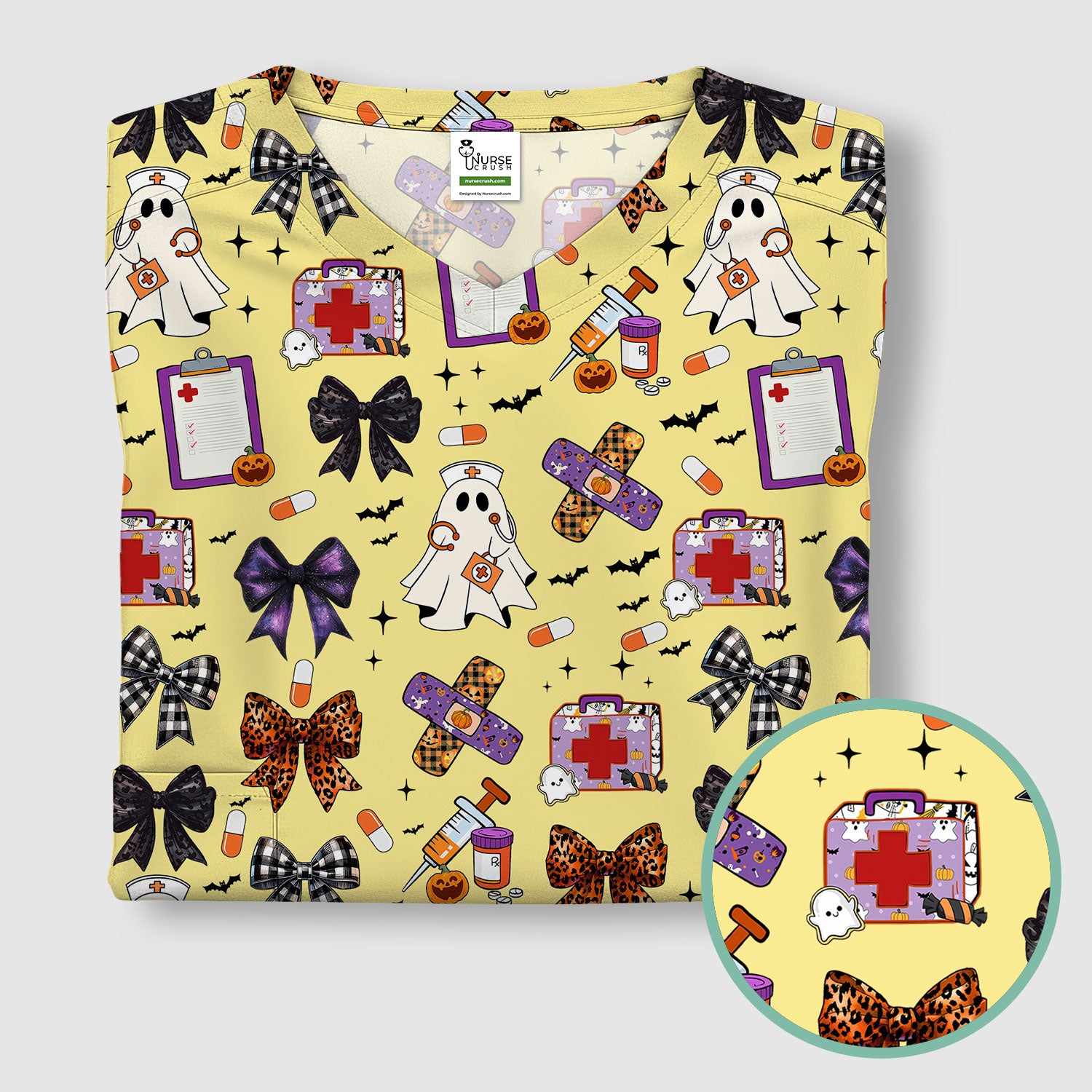 Halloween Nurse Scrub Top - Cute Ghost & Bow Medical Scrubs - Yellow Nursing Shirt with Colorful Halloween Print